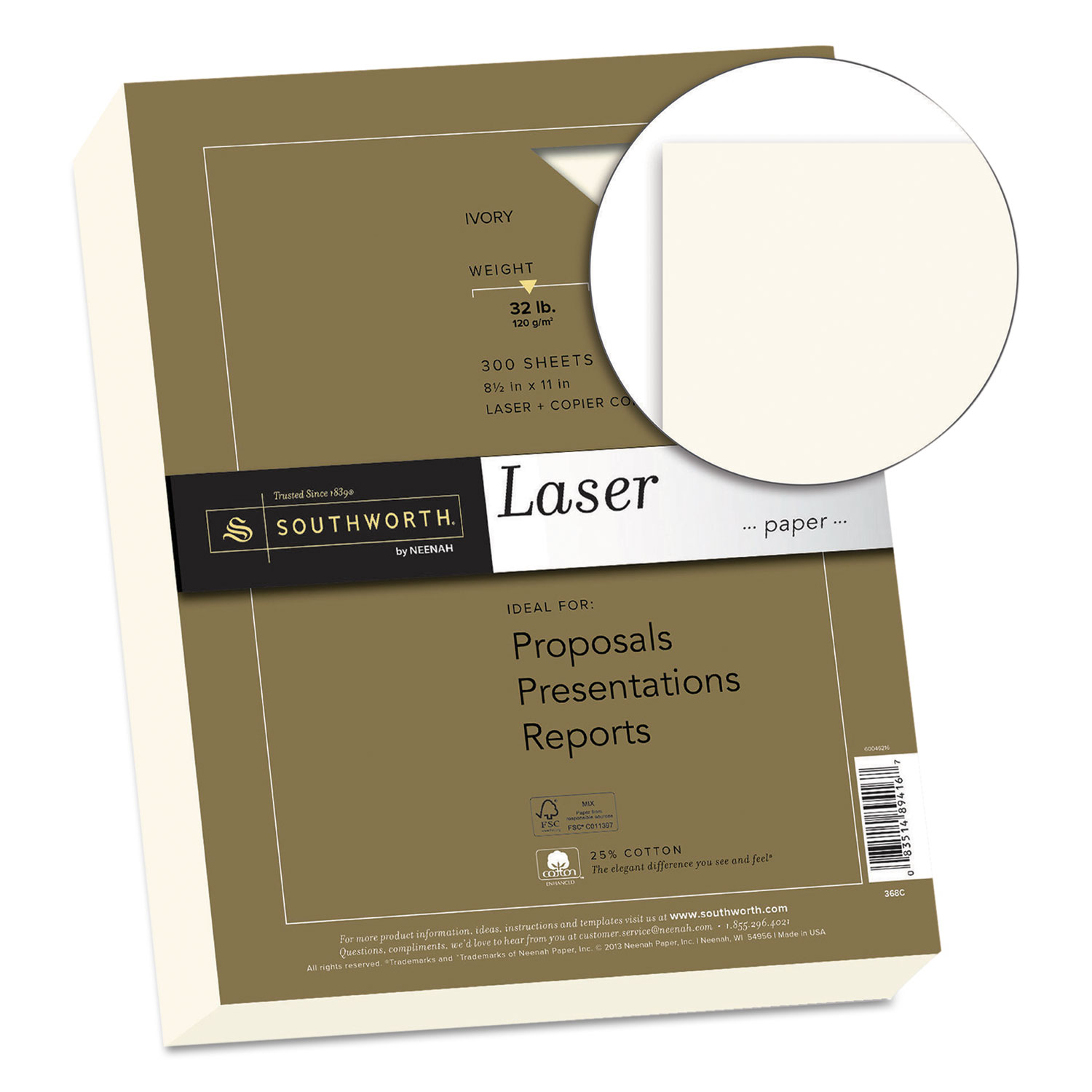 25% Cotton Premium Laser Paper, 32lb, Smooth, 8 1/2 x 11, Ivory, 300 Sheets