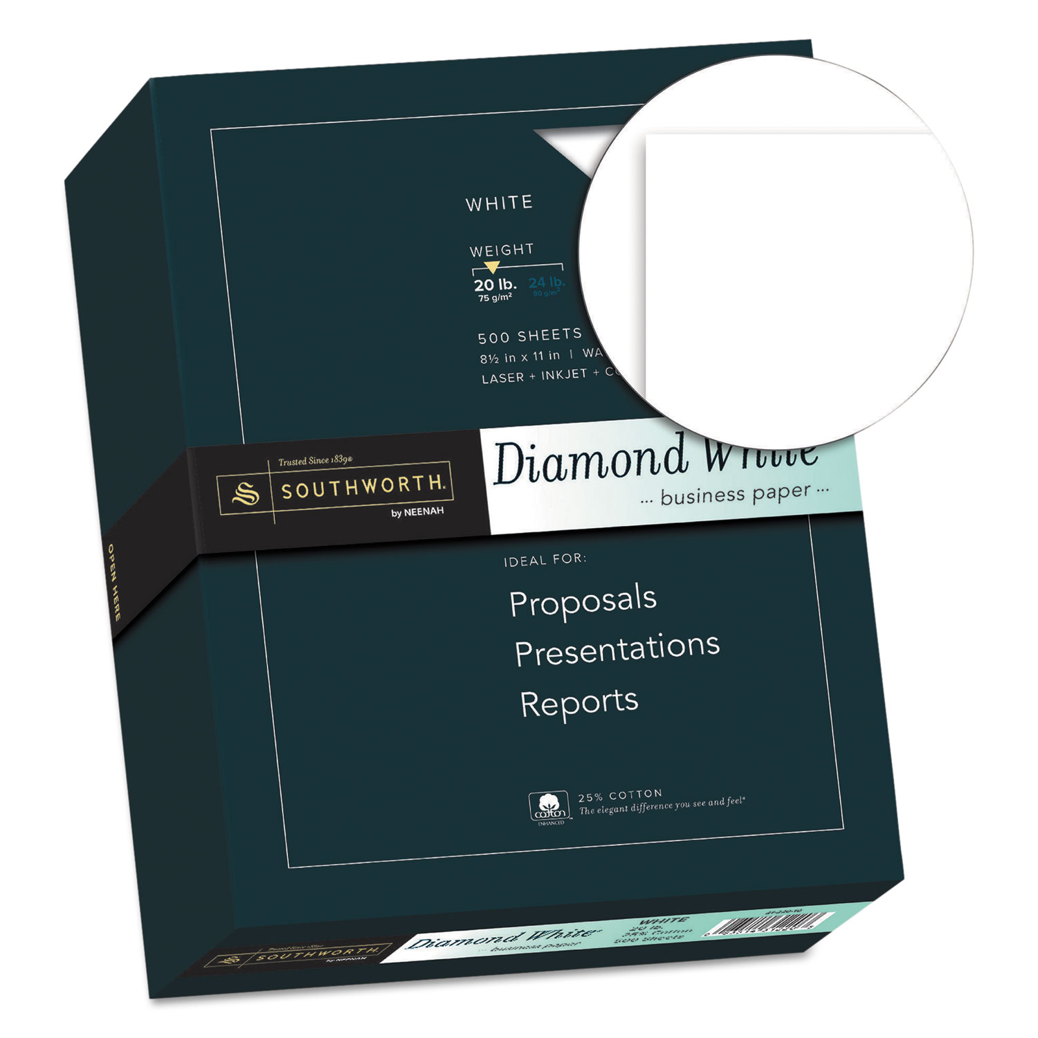 25% Cotton Diamond White Business Paper, 95 Bright, 20 lb, 8.5 x 11, 500/Ream