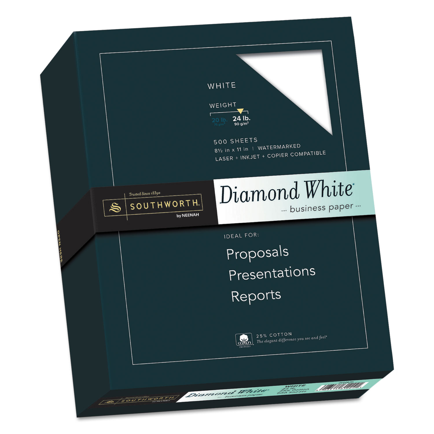  Southworth 31-224-10 25% Cotton Diamond White Business Paper, 95 Bright, 24 lb, 8.5 x 11, 500/Ream (SOU3122410) 