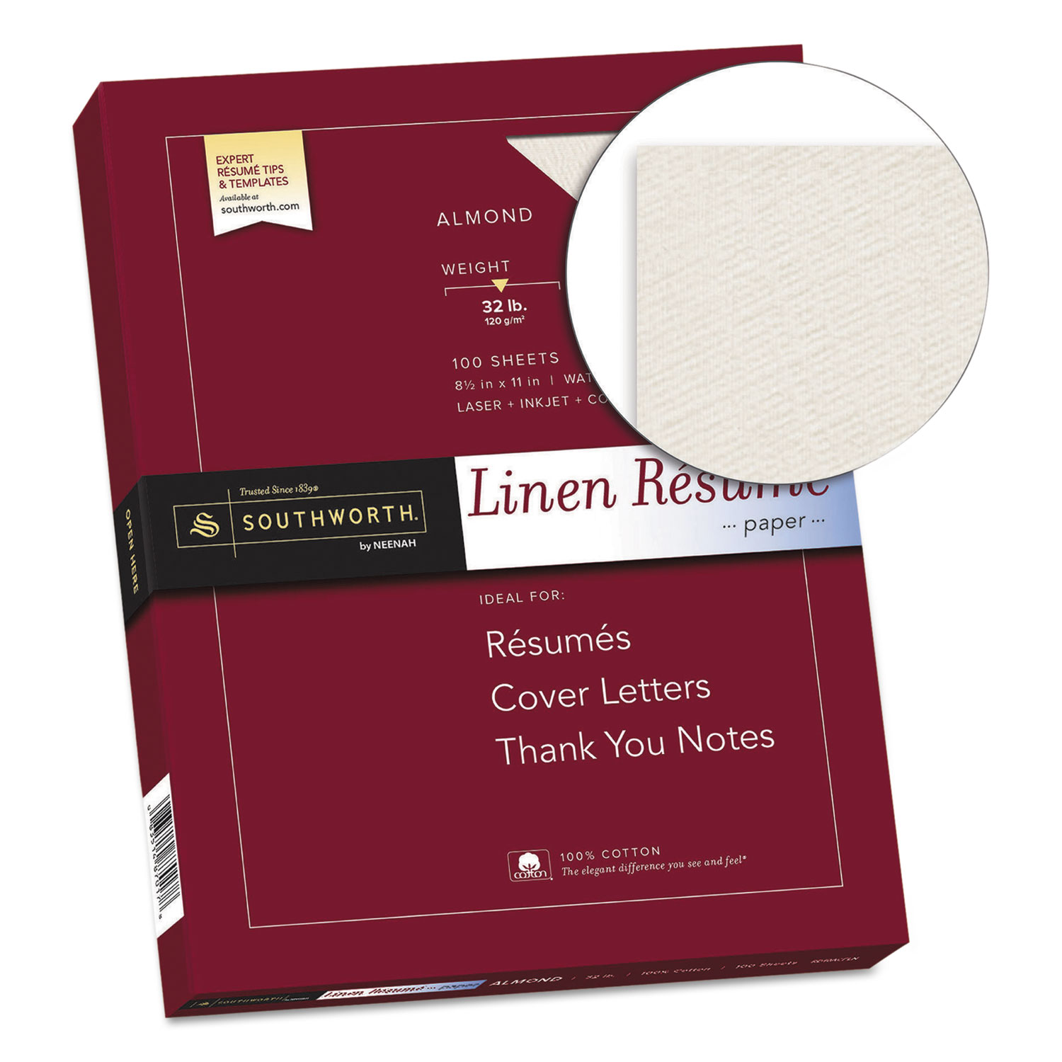100% Cotton Linen Resume Paper, 32lb, 8 1/2 x 11, Almond, 100 Sheets
