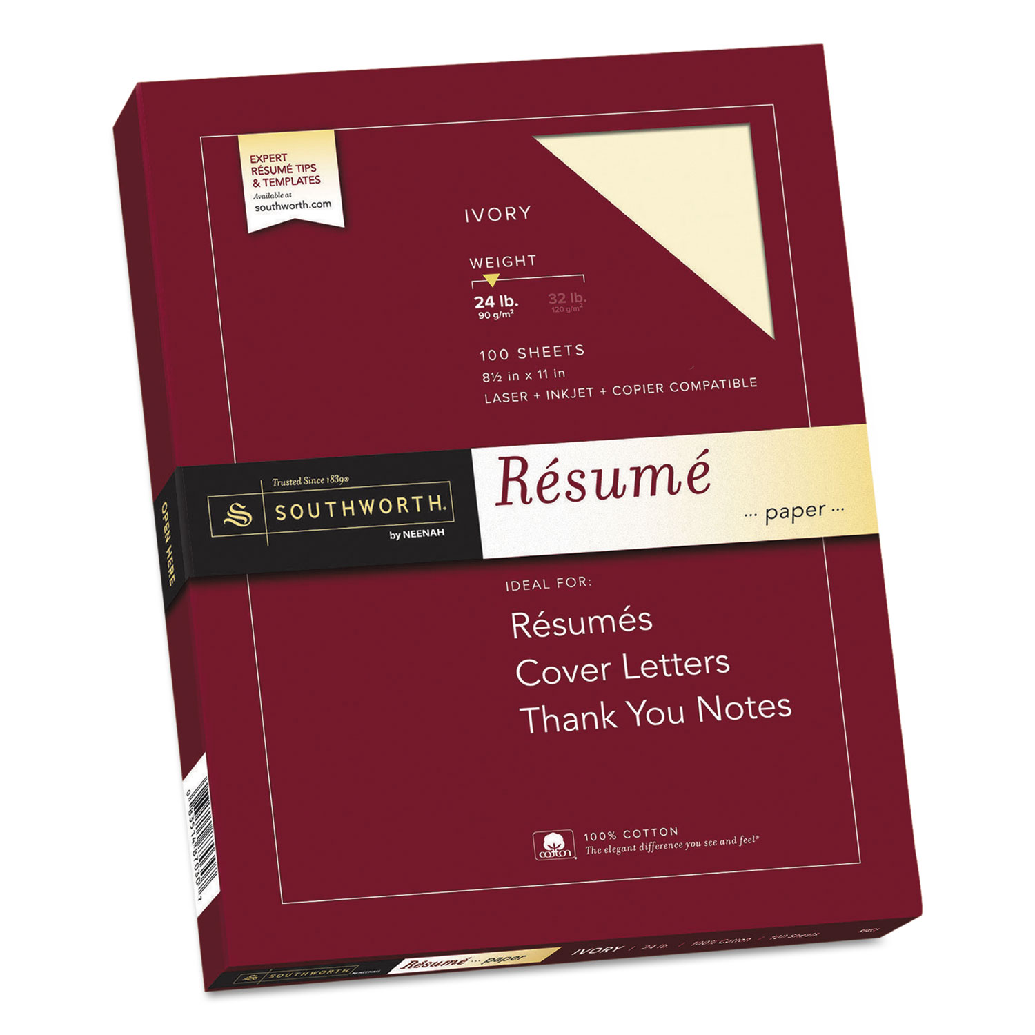  Southworth R14ICF 100% Cotton Resume Paper, 24 lb, 8.5 x 11, Ivory, 100/Pack (SOUR14ICF) 