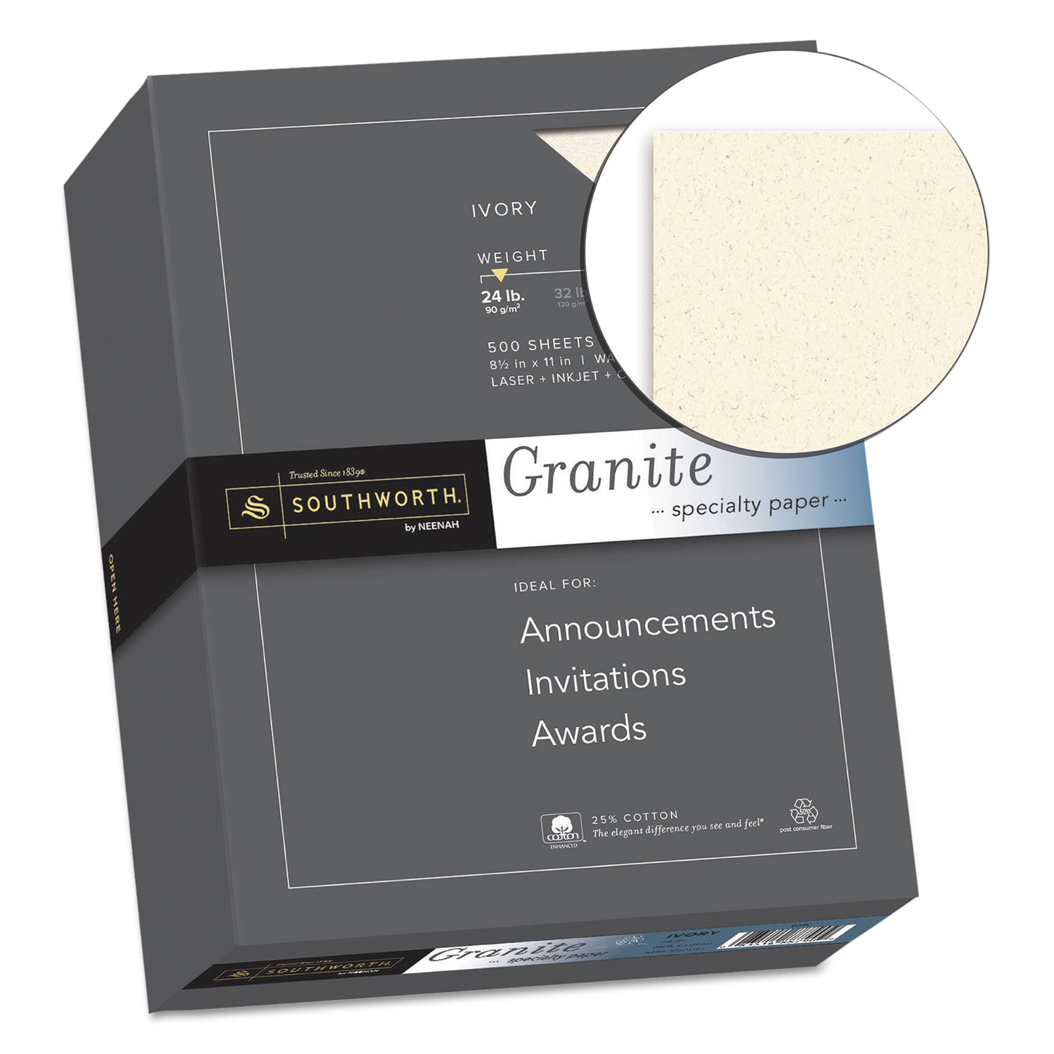 Granite Specialty Paper, Ivory, 24lb, 8 1/2 x 11, 25% Cotton, 500 Sheets