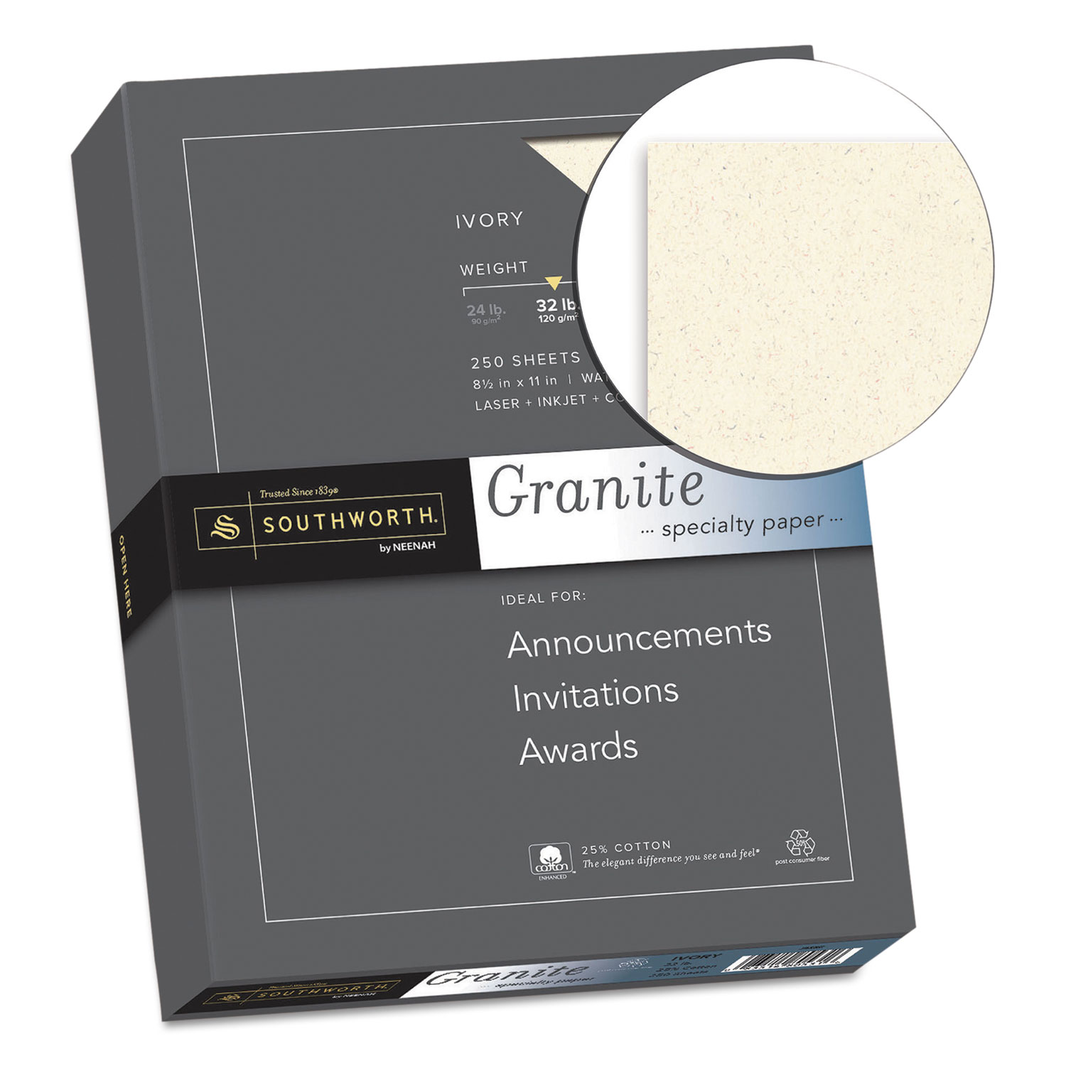 Granite Specialty Paper, Ivory, 32lb, 8 1/2 x 11, 25% Cotton, 250 Sheets