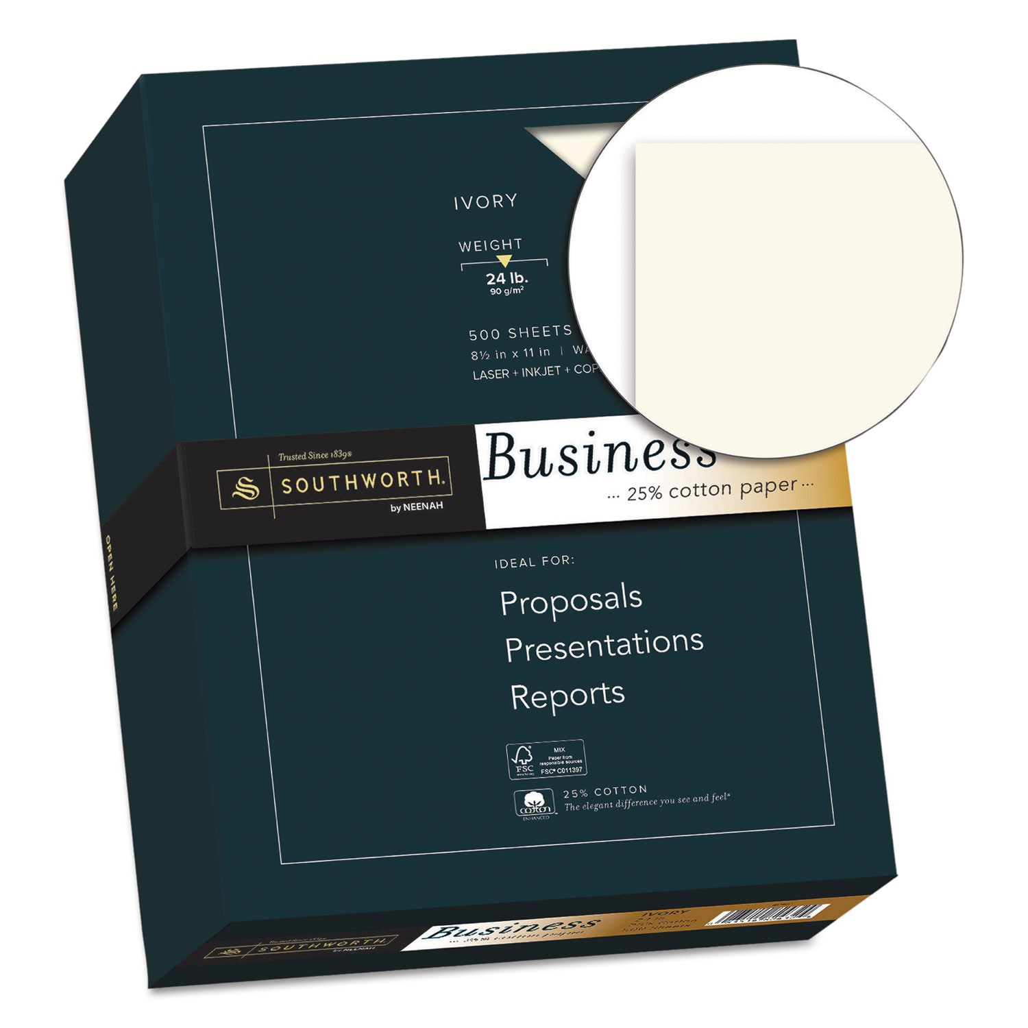 25% Cotton Business Paper, 24lb, 95 Bright, Ivory, 8 1/2 x 11, 500 Sheets