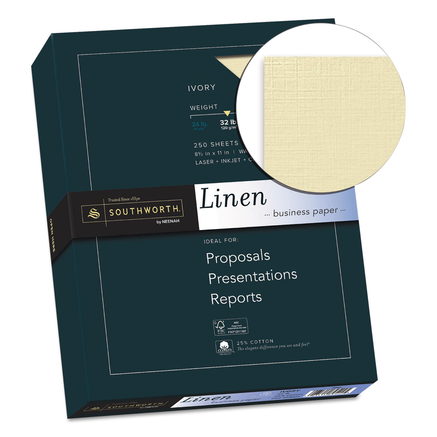 25% Cotton Linen Business Paper, 32lb, 8 1/2 x 11, Ivory, 250 Sheets