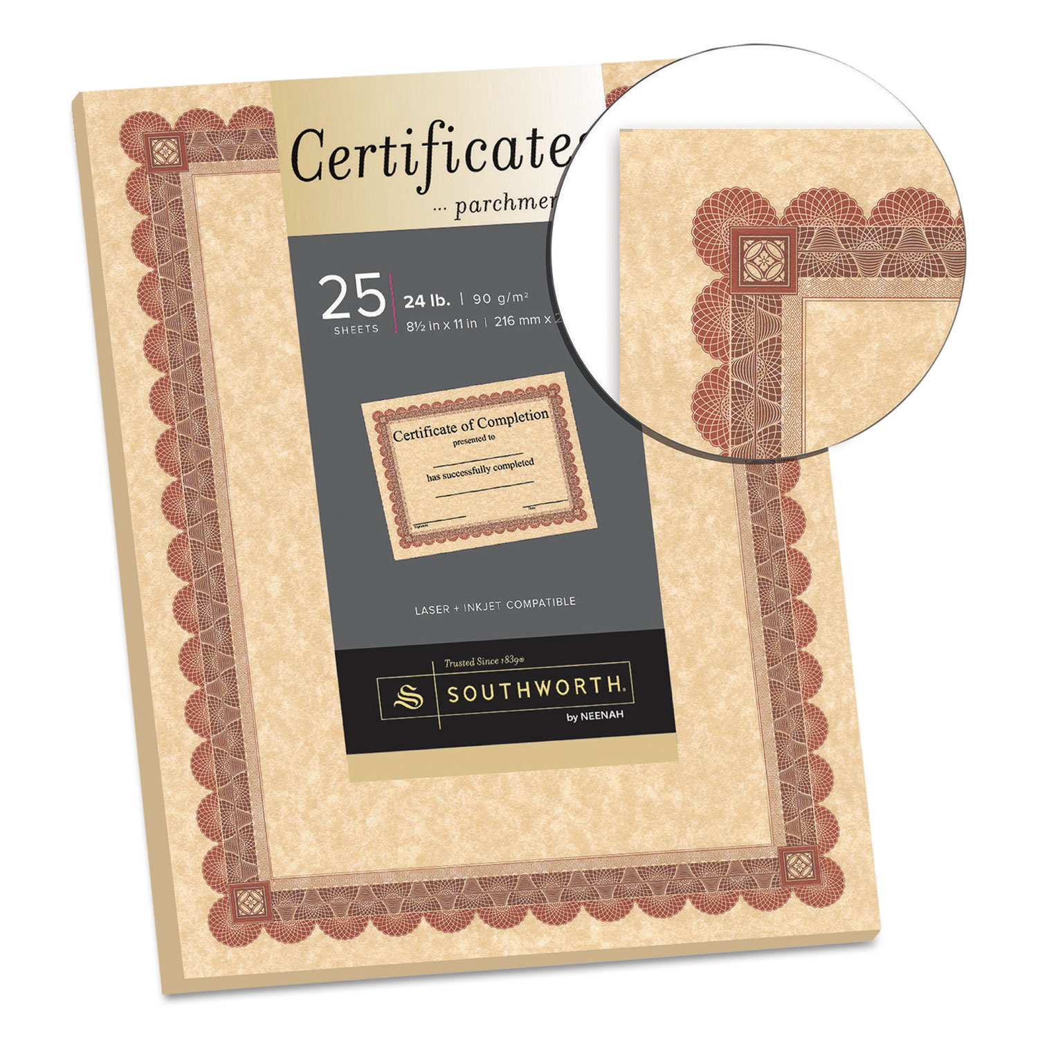 Parchment Certificates, Copper w/Red & Brown Border, 8 1/2 x 11, 25/Pack