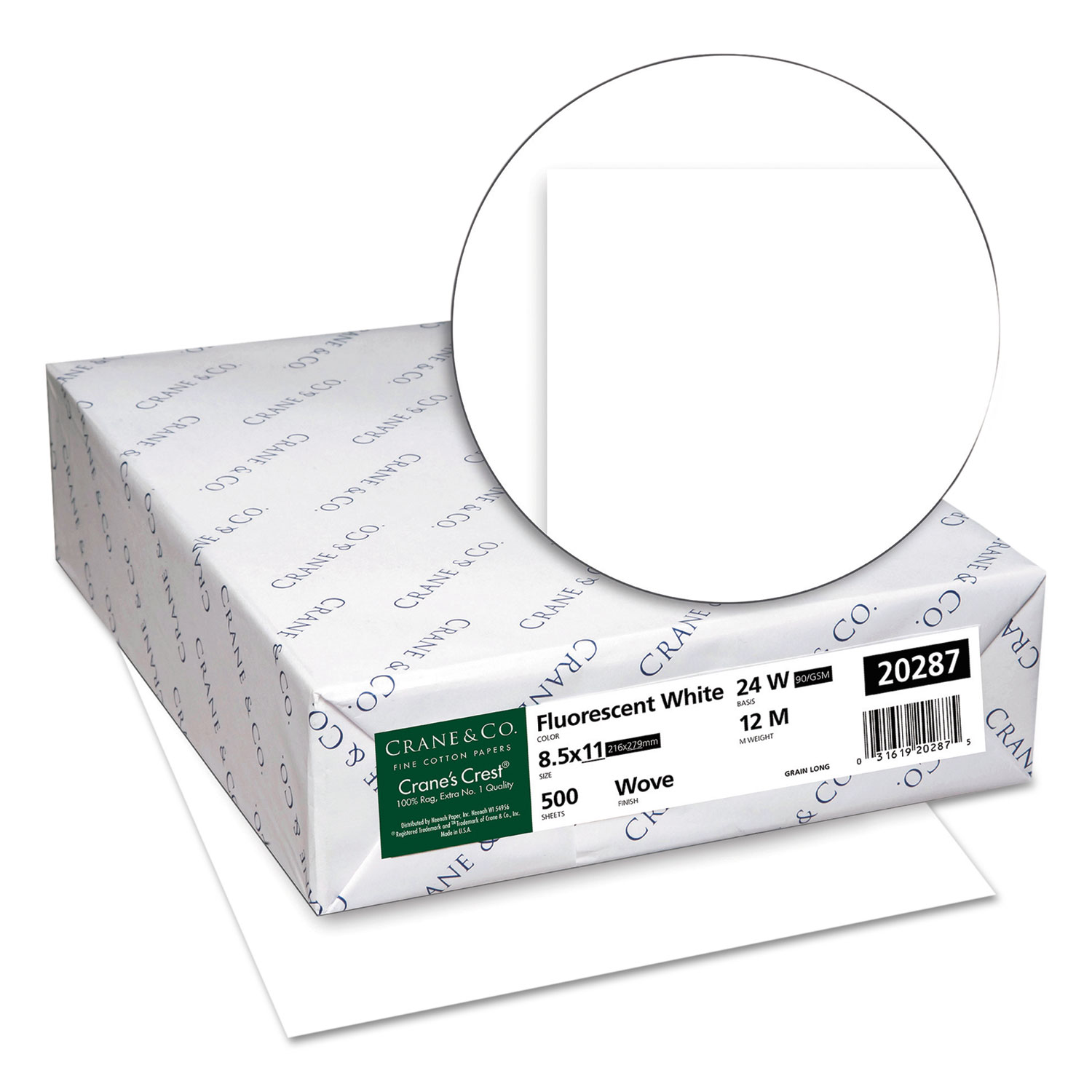 CRANES CREST 100% Cotton Paper, 24lb, 98 Bright, Letter, Fluor.White, 500 Sheet