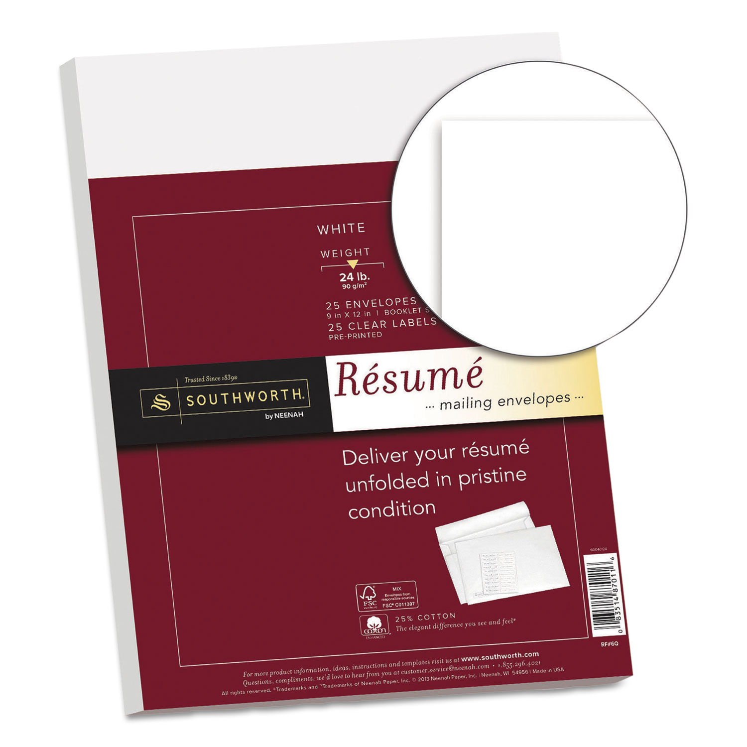 25% Cotton Resume Envelopes, White, 24lb, 9 x 12, Wove, 25/Box
