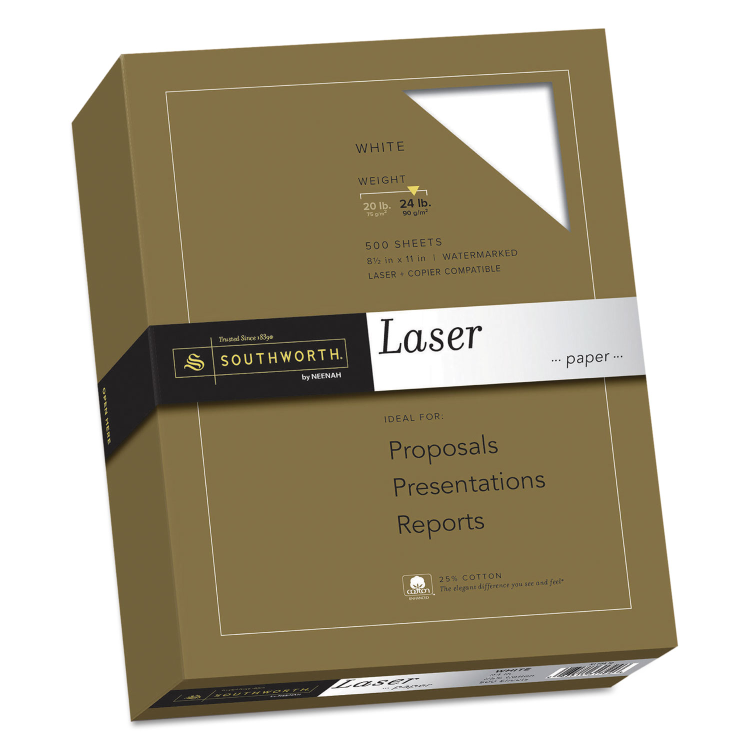  Southworth 31-724-10 25% Cotton Laser Paper, 95 Bright, 24 lb, 8.5 x 11, White, 500/Ream (SOU3172410) 