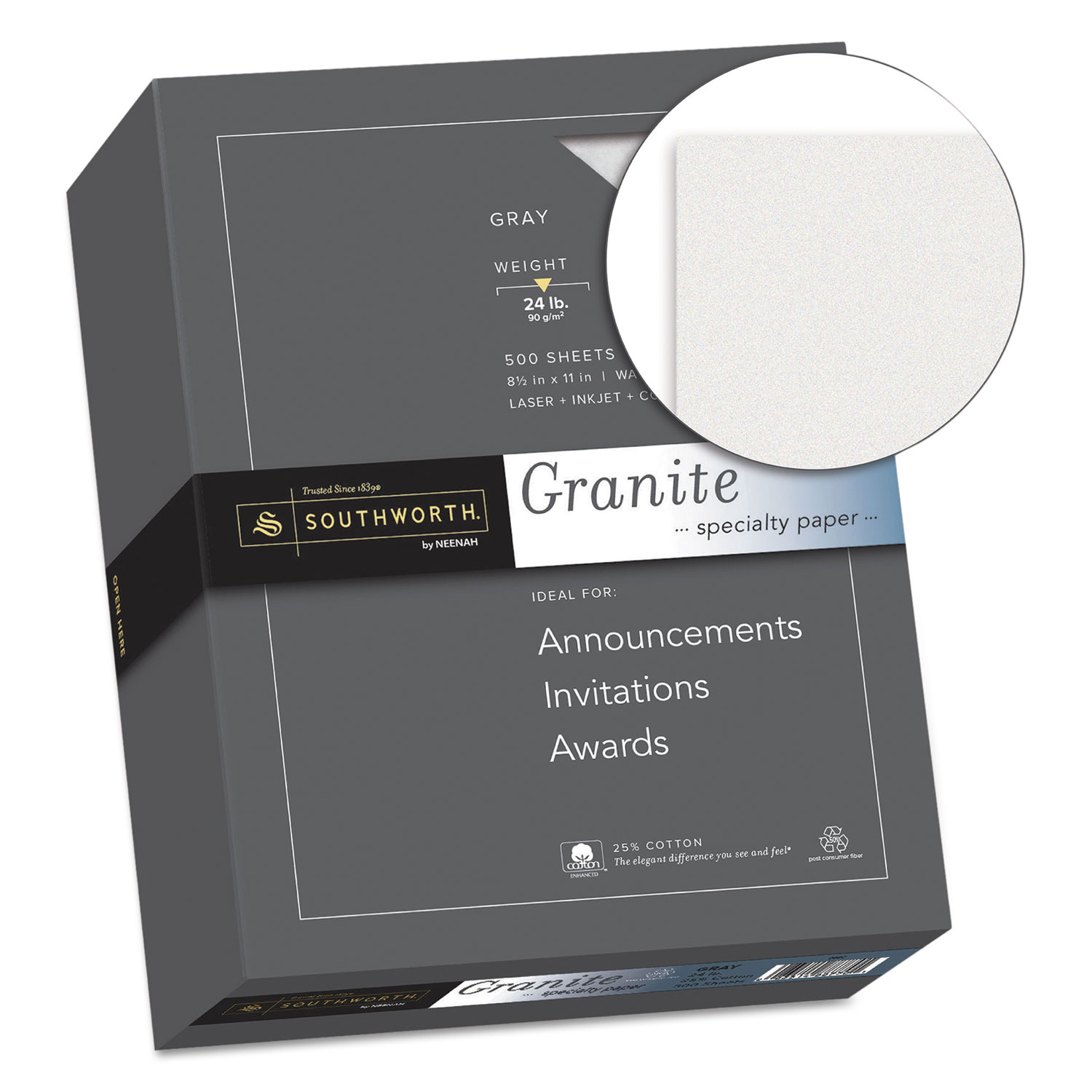 Granite Specialty Paper, Gray, 24lb, 8 1/2 x 11, 25% Cotton, 500 Sheets