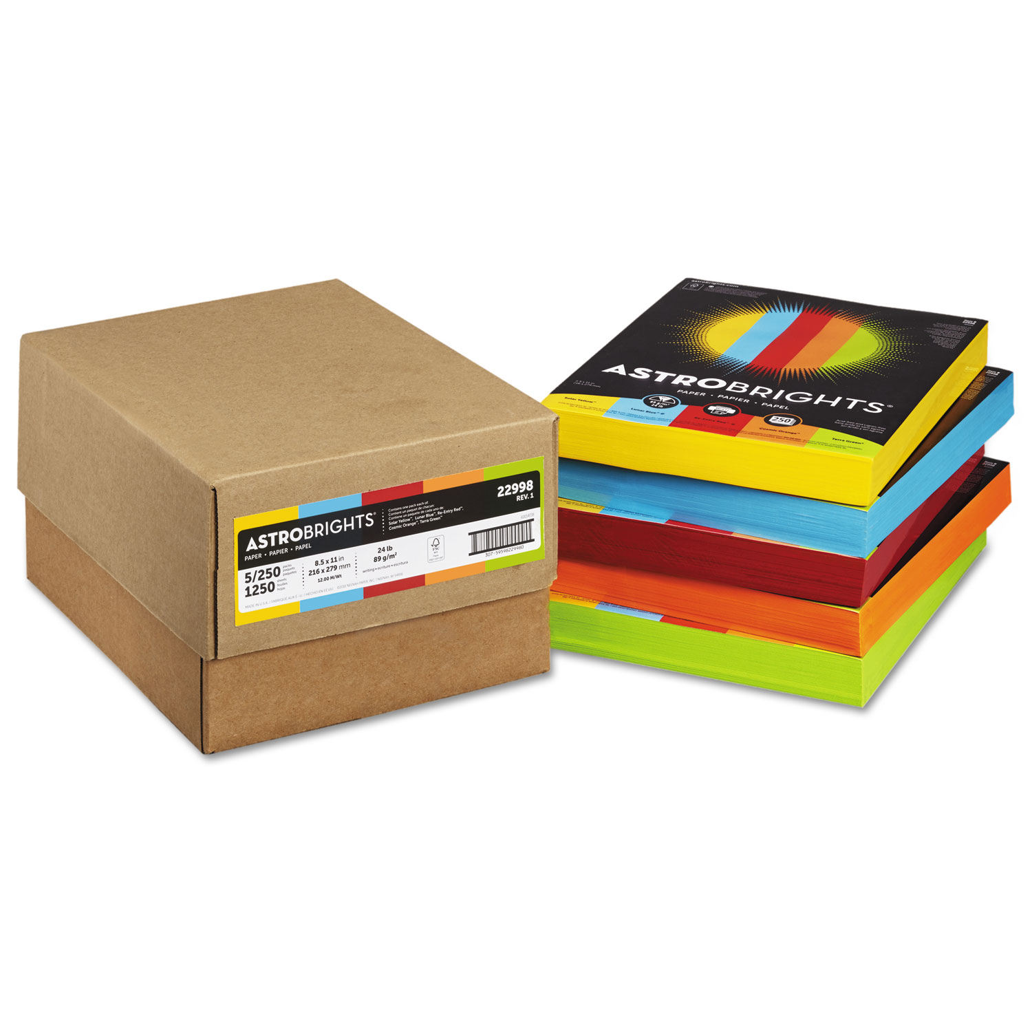  Astrobrights 22998 Color Paper - Five-Color Mixed Carton, 24lb, 8.5 x 11, Assorted, 250 Sheets/Ream, 5 Reams/Carton (WAU22998) 