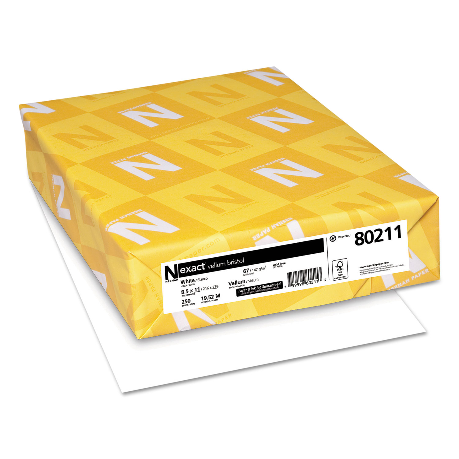  Neenah Paper 80211 Exact Vellum Bristol Cover Stock, 94 Bright, 67lb, 8.5 x 11, White, 250/Pack (WAU80211) 
