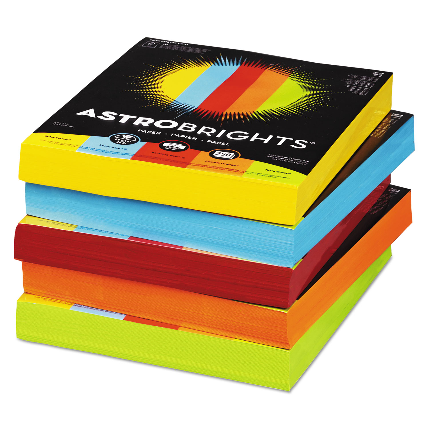 Color Paper - Five-Color Mixed Reams, 24lb, 8 1/2 x 11, 5 Colors, 1250 Sheets