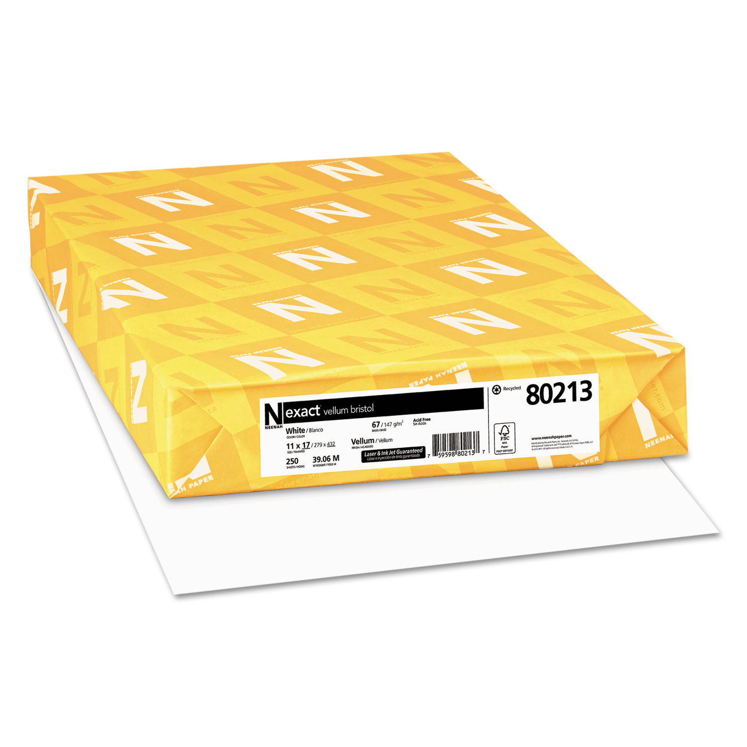  Neenah Paper 80213 Exact Vellum Bristol Medium Heavyweight Paper, 67 lb, 11 x 17, White, 250/Pack (WAU80213) 