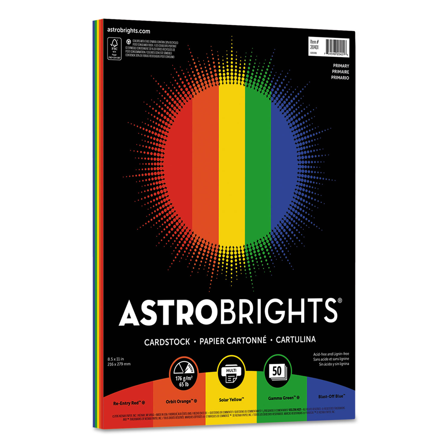  Astrobrights 20401 Color Cardstock -Primary Assortment, 65lb, 8.5 x 11, Assorted, 50/Pack (WAU20401) 