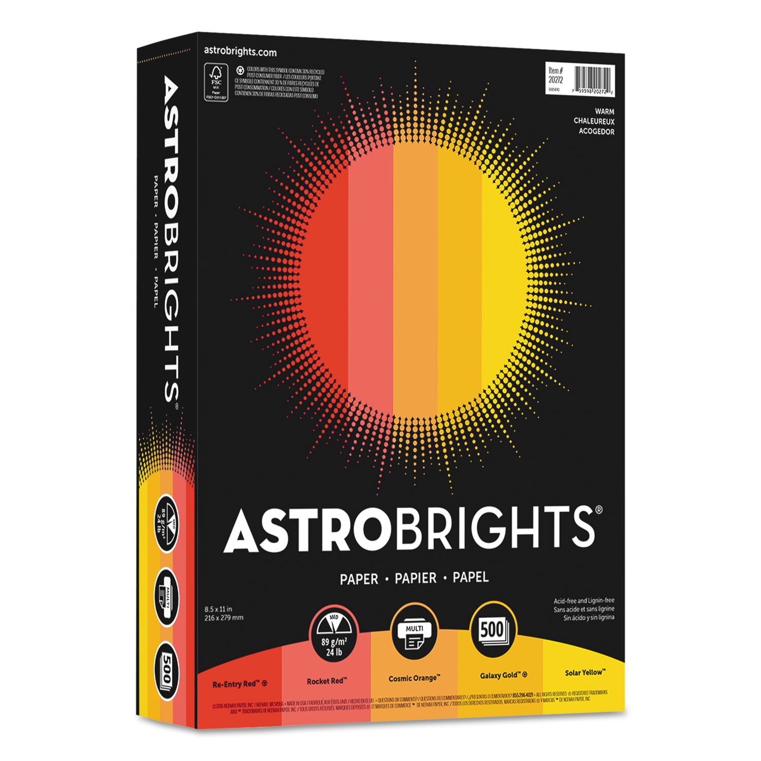  Astrobrights 20272 Color Paper - Warm Assortment, 24lb, 8.5 x 11, Assorted Warm Colors, 500/Ream (WAU20272) 