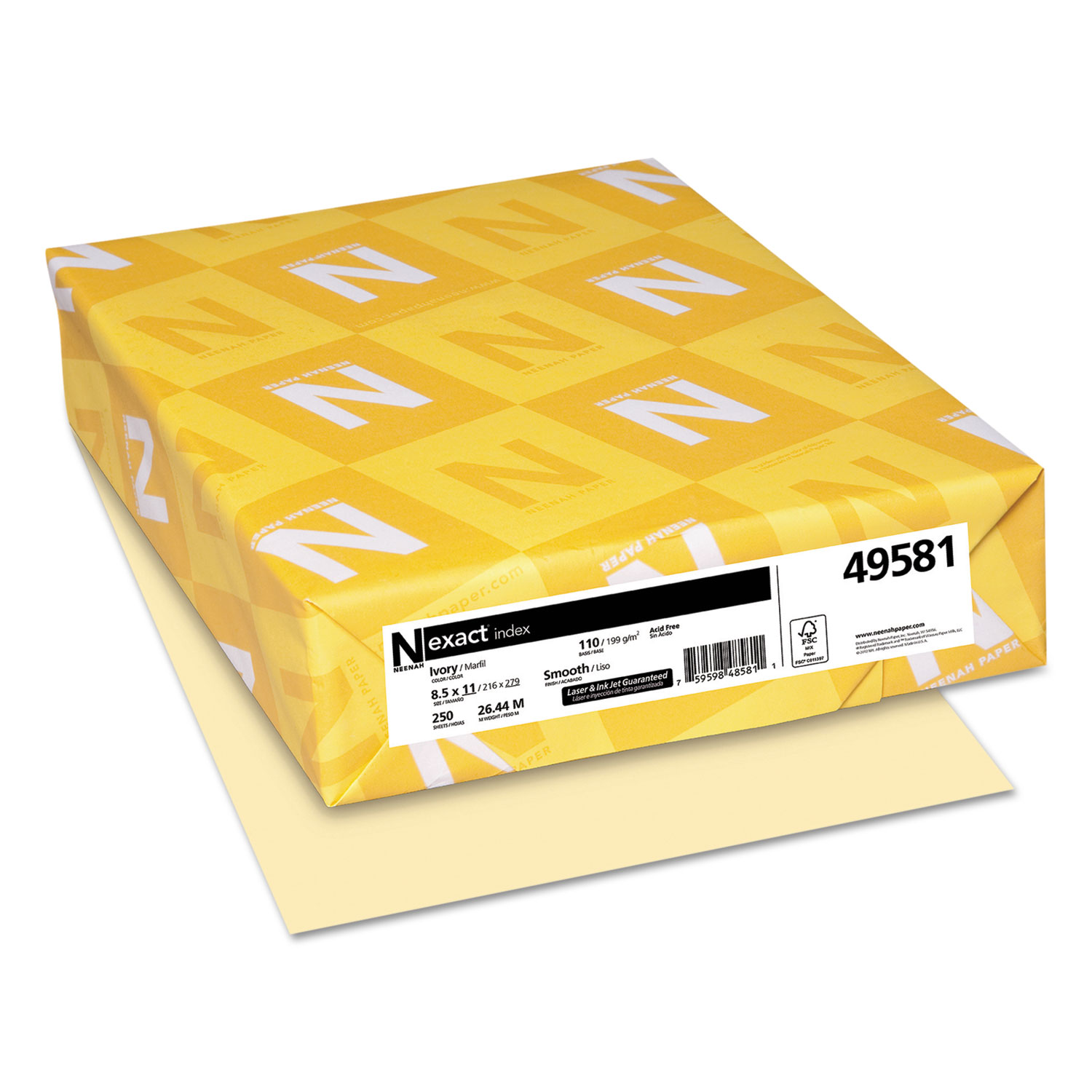  Neenah Paper 49581 Exact Index Card Stock, 110lb, 8.5 x 11, Ivory, 250/Pack (WAU49581) 