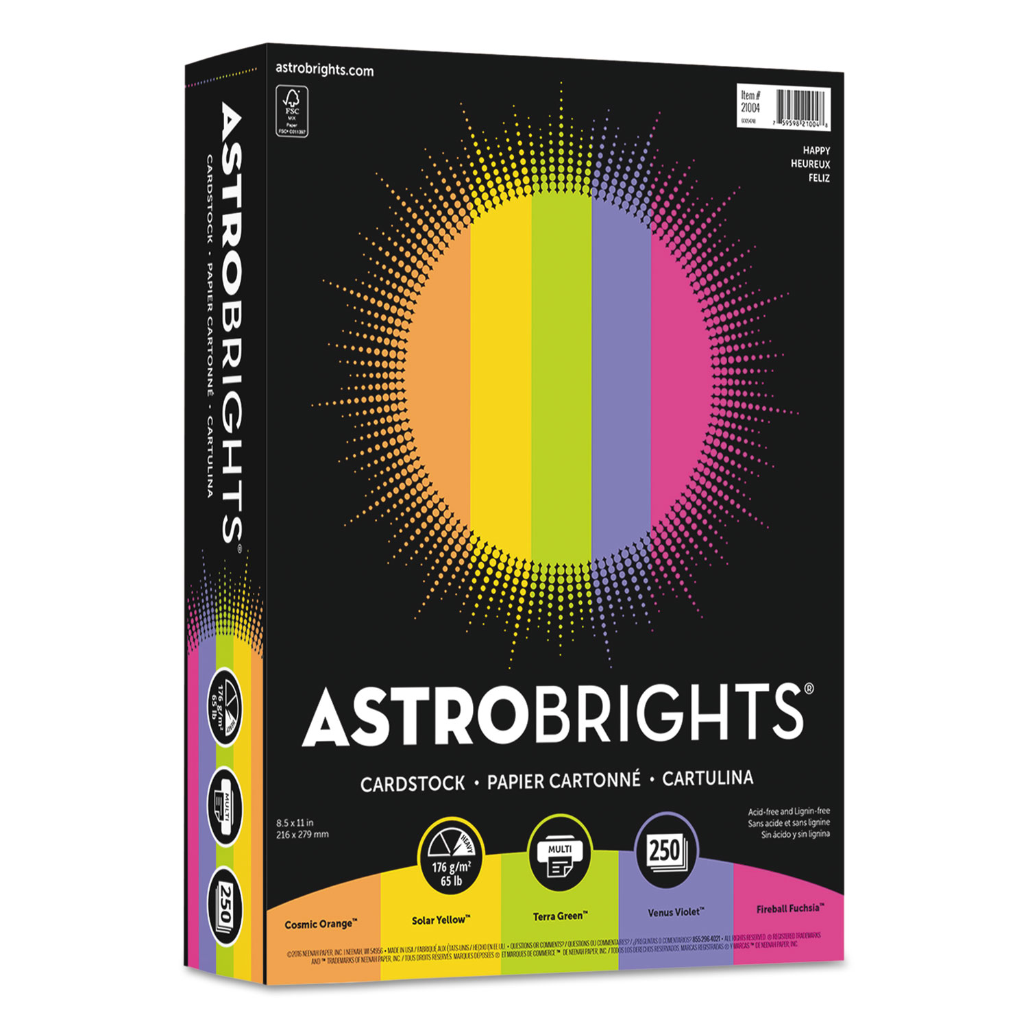  Astrobrights 21004 Color Cardstock -Happy Assortment, 65lb, 8.5 x 11, Assorted, 250/Pack (WAU21004) 