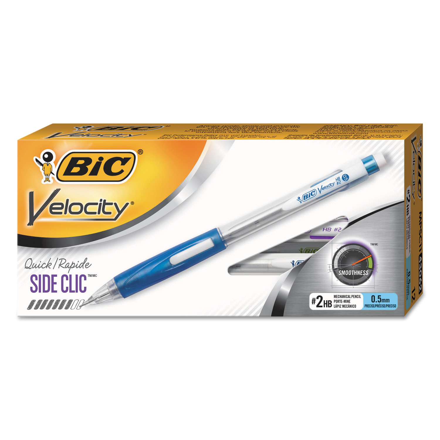  BIC MPFSC11-BLK Velocity Side Clic Pencil, 0.5 mm, HB (#2), Black Lead, Assorted Barrel Colors, Dozen (BICMPFSC11BK) 
