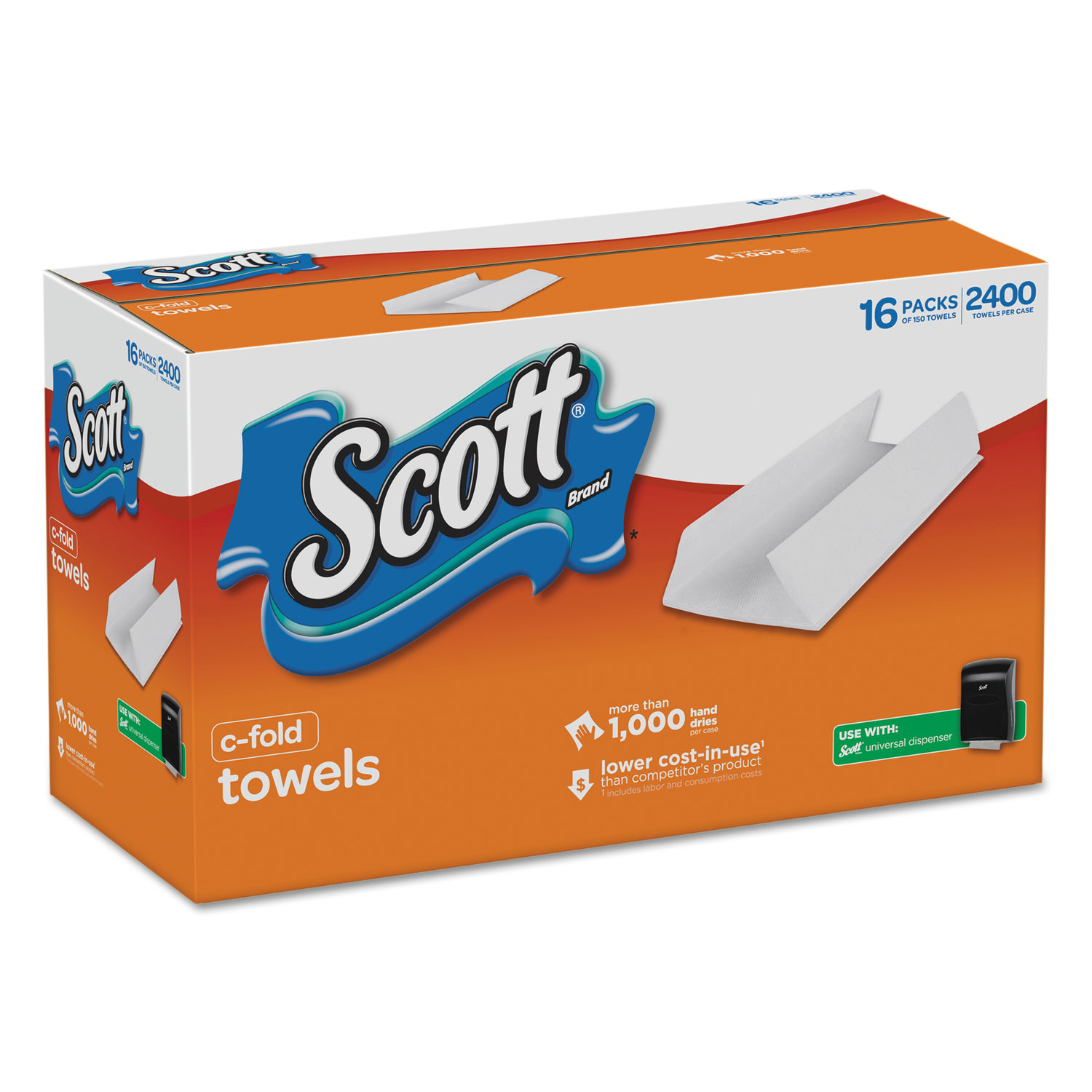 Scott® C-Fold Towels, Absorbency Pockets,White,10 1/8x13 1/4,150/PK ,16 PK/CT