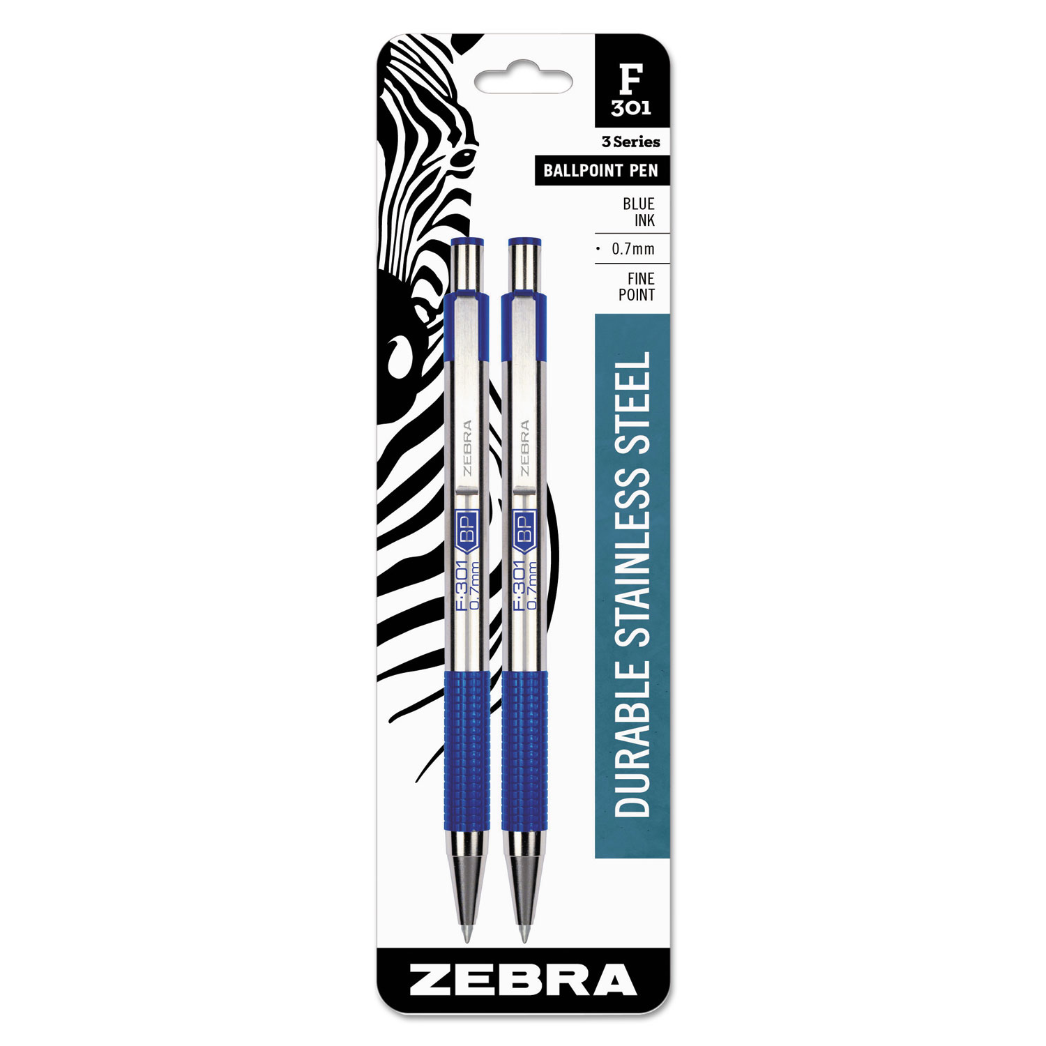  Zebra 27122 F-301 Retractable Ballpoint Pen, 0.7mm, Blue Ink, Stainless Steel/Blue Barrel, 2/Pack (ZEB27122) 