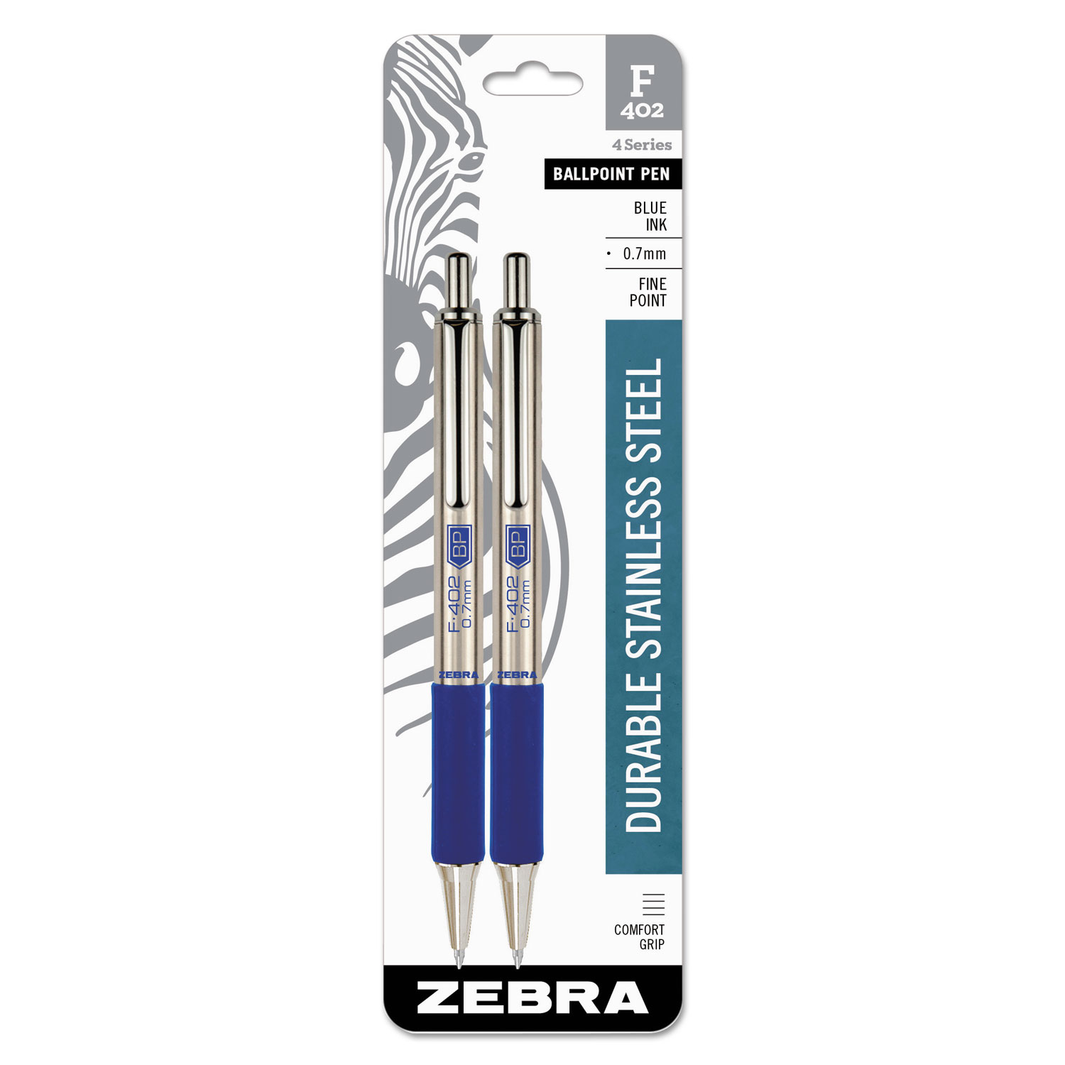  Zebra 29222 F-402 Retractable Ballpoint Pen, 0.7mm, Blue Ink, Stainless Steel/Blue Barrel, 2/Pack (ZEB29222) 