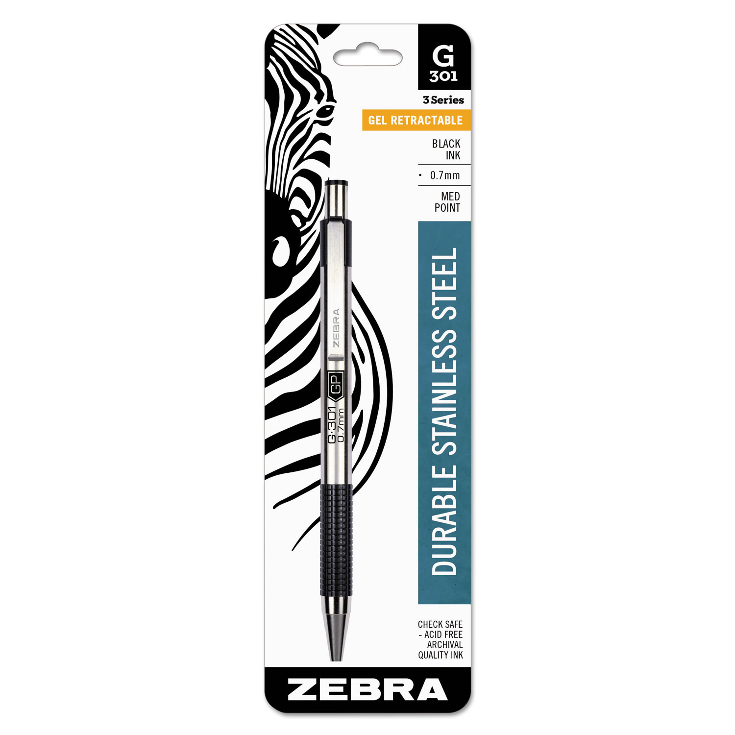  Zebra 41311 G-301 Retractable Gel Pen, Medium 0.7 mm, Black Ink, Stainless Steel/Black Barrel (ZEB41311) 