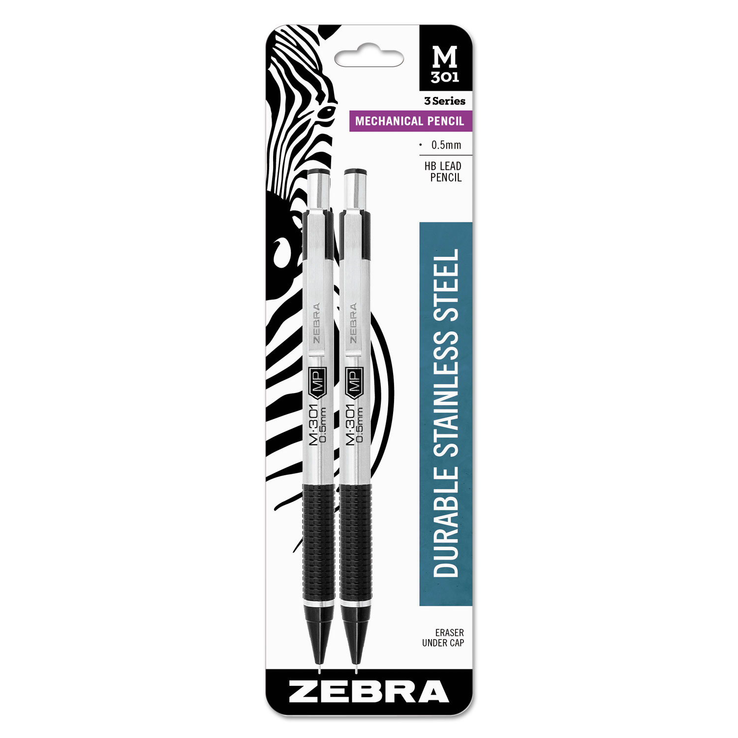  Zebra 54012 M-301 Mechanical Pencil, 0.5 mm, HB (#2.5), Black Lead, Steel/Black Accents Barrel, 2/Pack (ZEB54012) 
