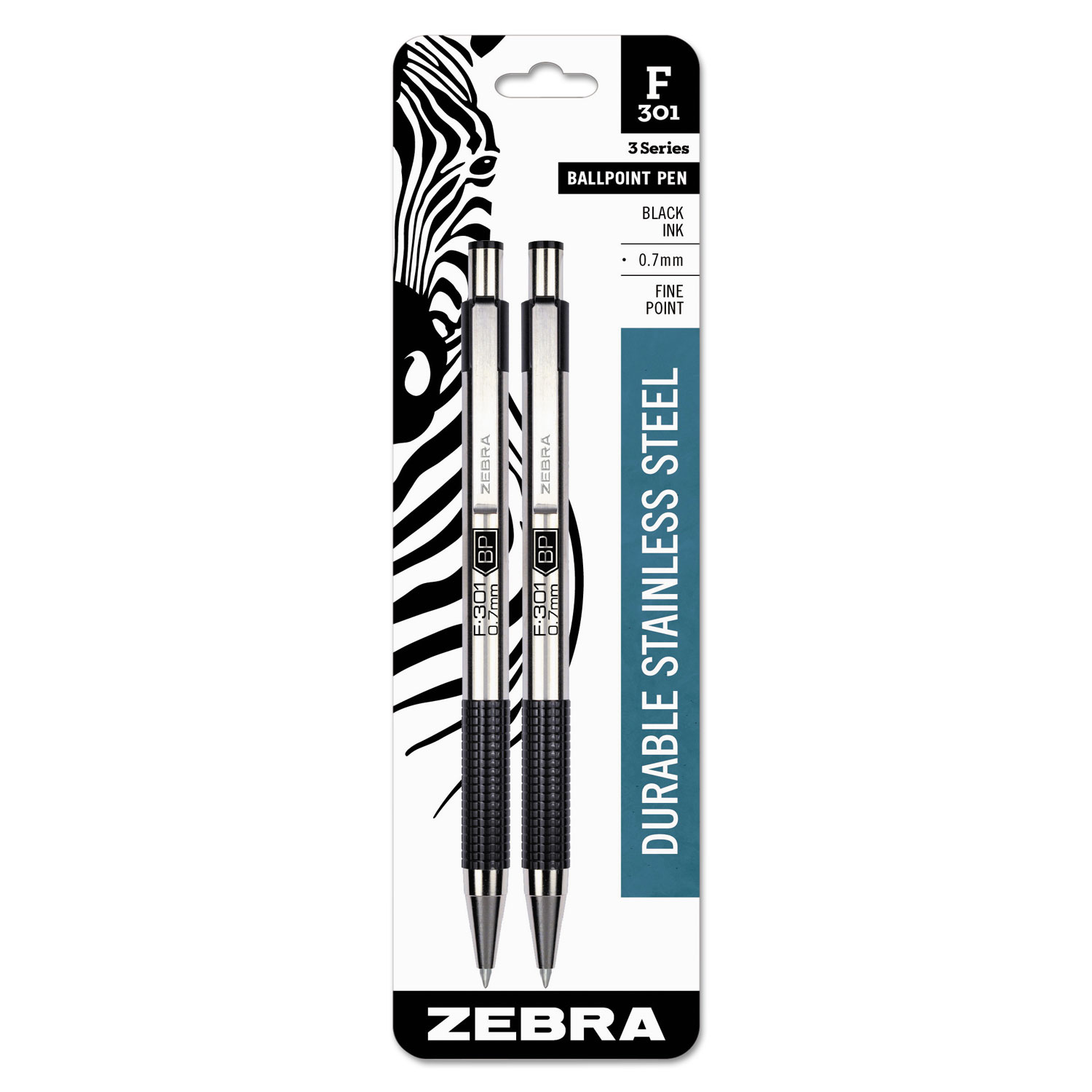 F-301 Retractable Ballpoint Pen, 0.7 mm, Black Ink, Stainless Steel/Black Barrel, 2/Pack