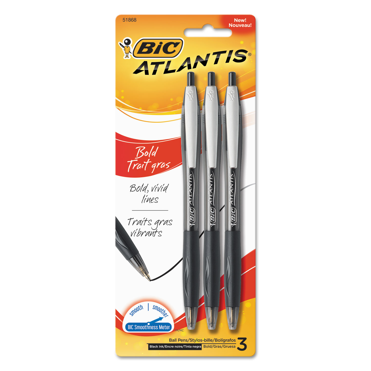  BIC VCGBP31BK Atlantis Bold Retractable Ballpoint Pen, Bold 1.6mm, Black Ink/Barrel, 3/Pack (BICVCGBP31BK) 