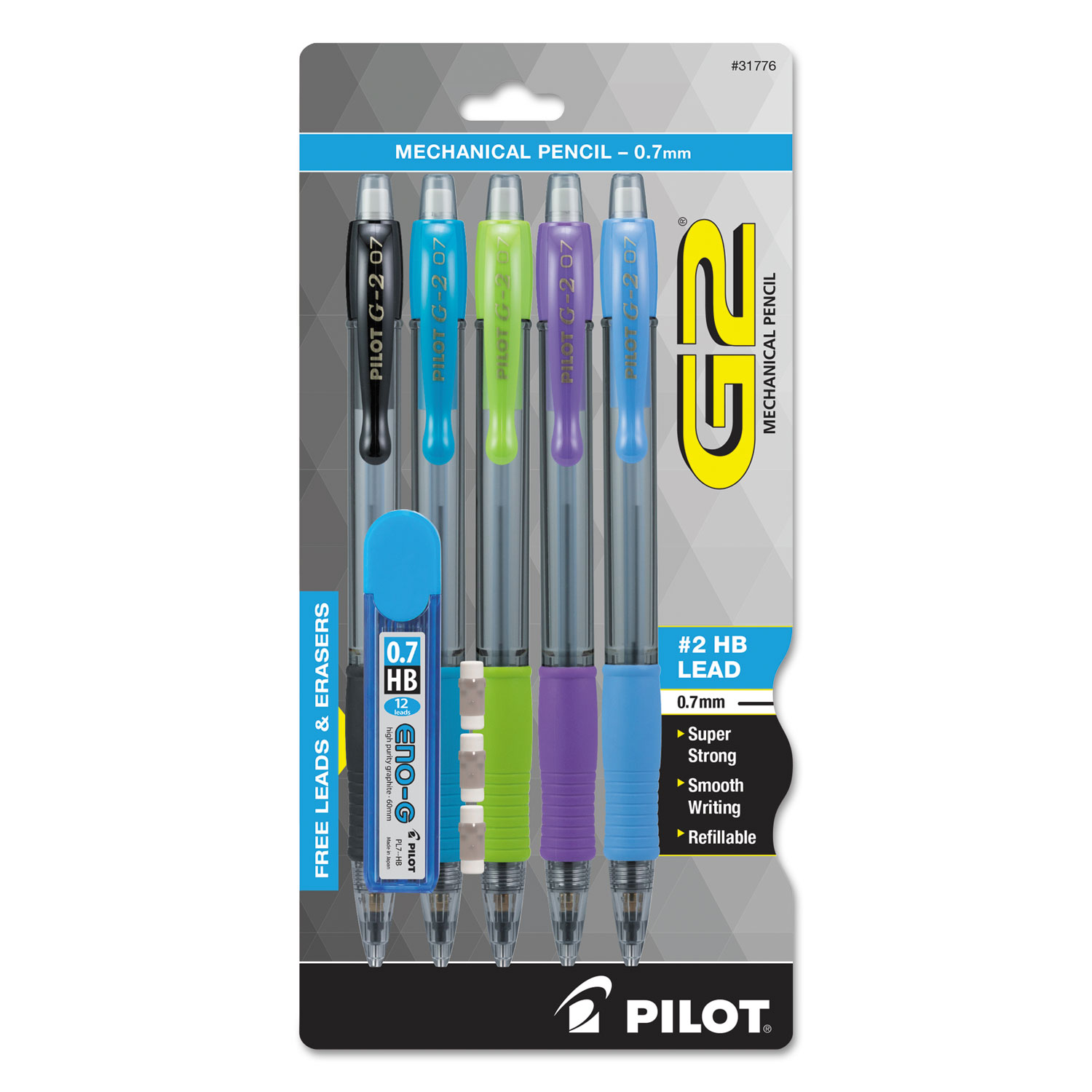  Pilot 31776 G2 Mechanical Pencil, 0.7 mm, HB (#2.5), Black Lead, Assorted Barrel Colors, 5/Pack (PIL31776) 