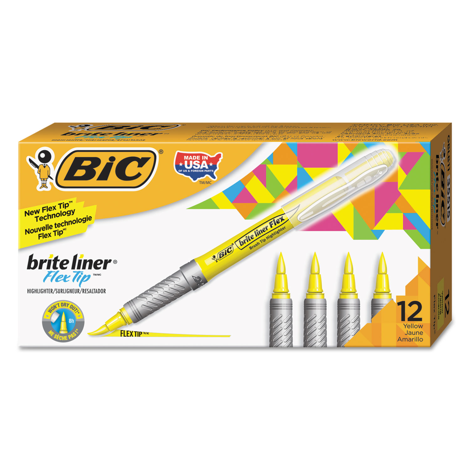  BIC GBLB11YE Brite Liner Flex Tip Highlighters, Brush Tip, Yellow, Dozen (BICGBLB11YE) 