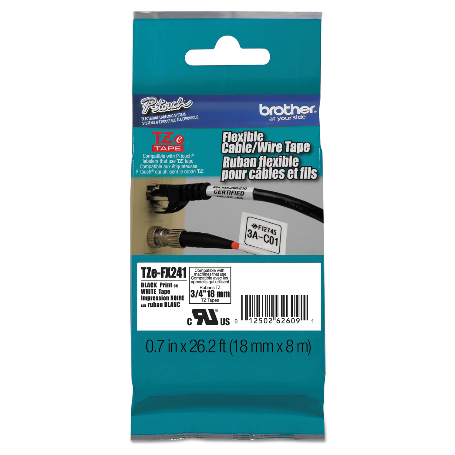  Brother P-Touch TZEFX241 TZe Flexible Tape Cartridge for P-Touch Labelers, 0.7 x 26.2 ft, Black on White (BRTTZEFX241) 