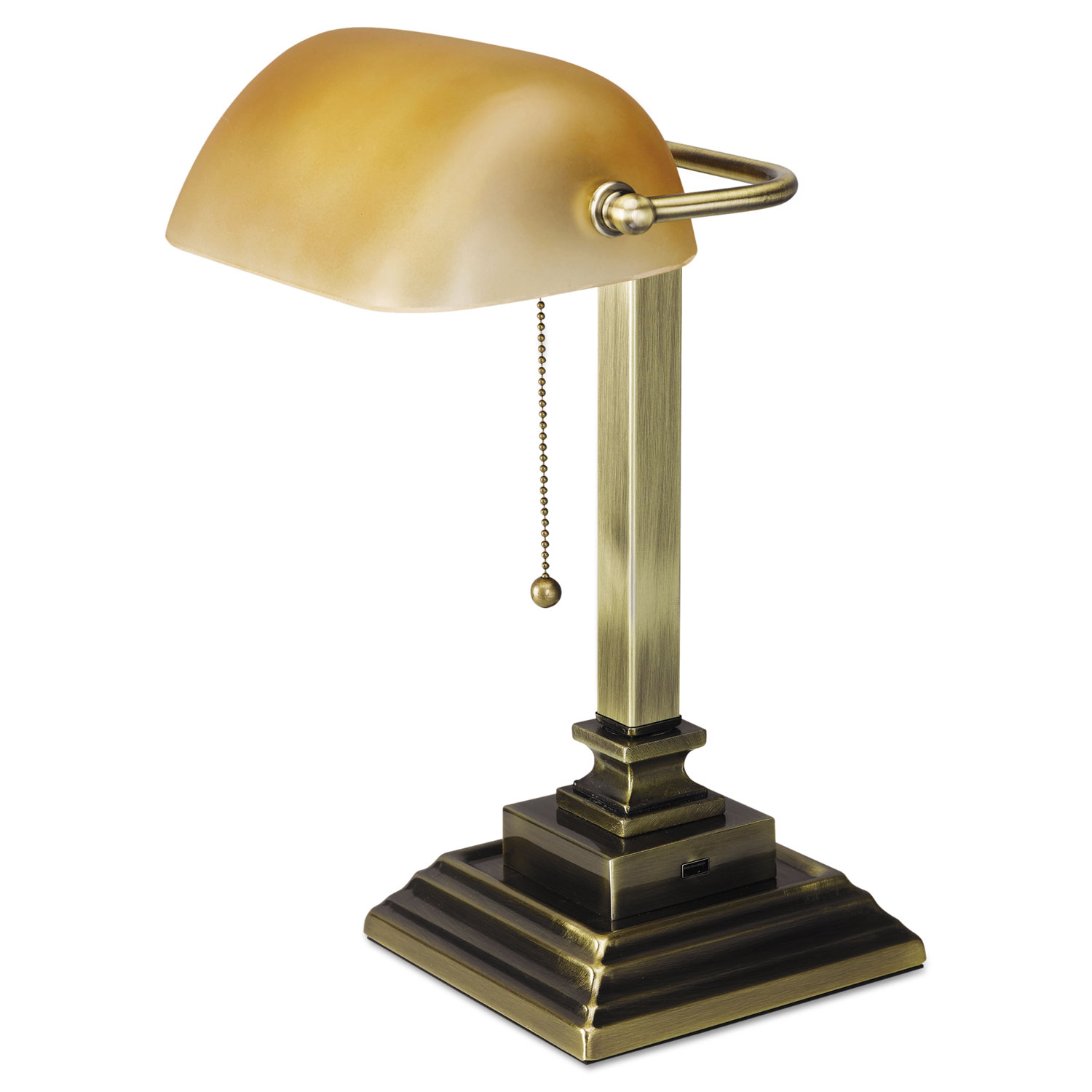 Traditional Bankers Lamp w/USB, 16High, Amber Glass Shade w/Antique Brass Base