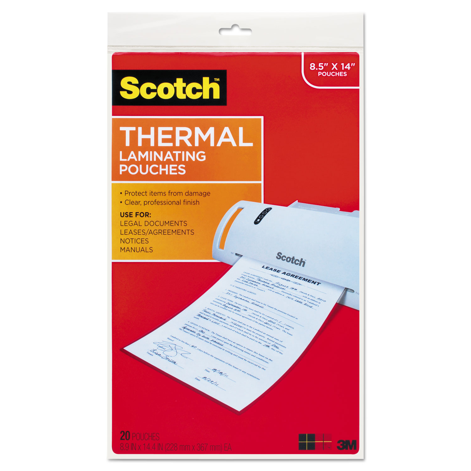  Scotch TP3855-20 Laminating Pouches, 3 mil, 8.5 x 14, Gloss Clear, 20/Pack (MMMTP385520) 