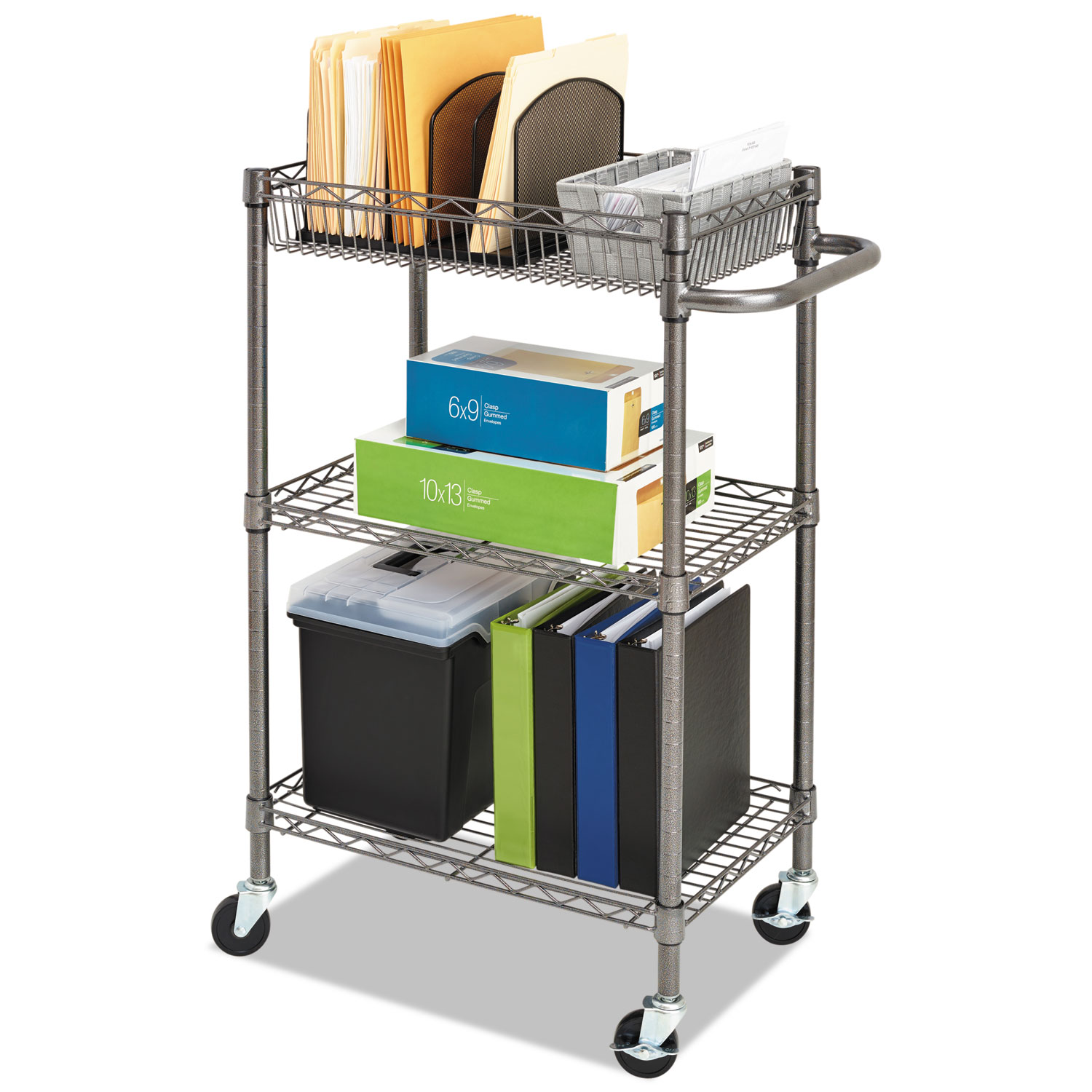 Three-Tier Wire Cart with Basket, Metal, 2 Shelves, 1 Bin, 500 lb