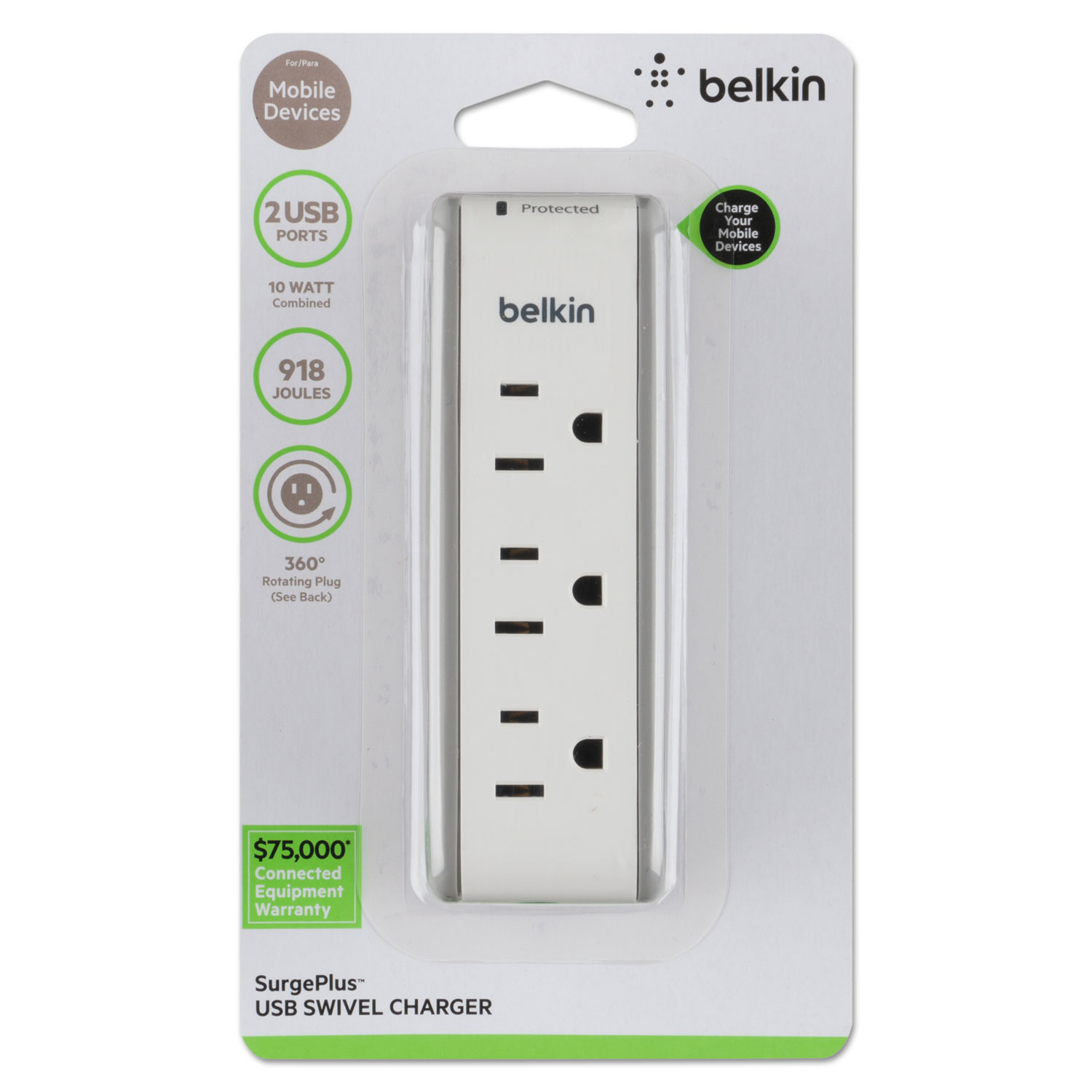 SurgePlus USB Swivel Charger, 3 Outlets/2 USB Ports, 918 Joules, White