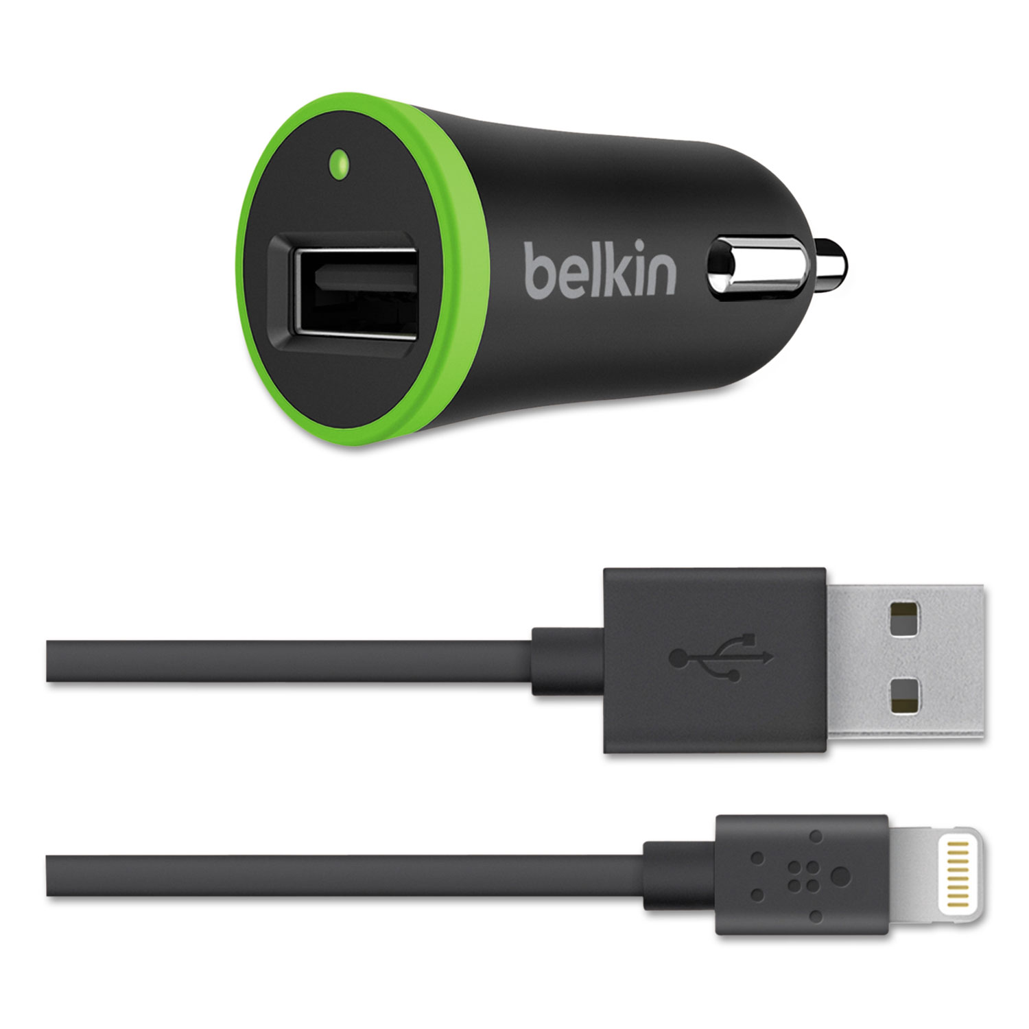 Car Charger, Detachable Lightning Cable, Black/Green