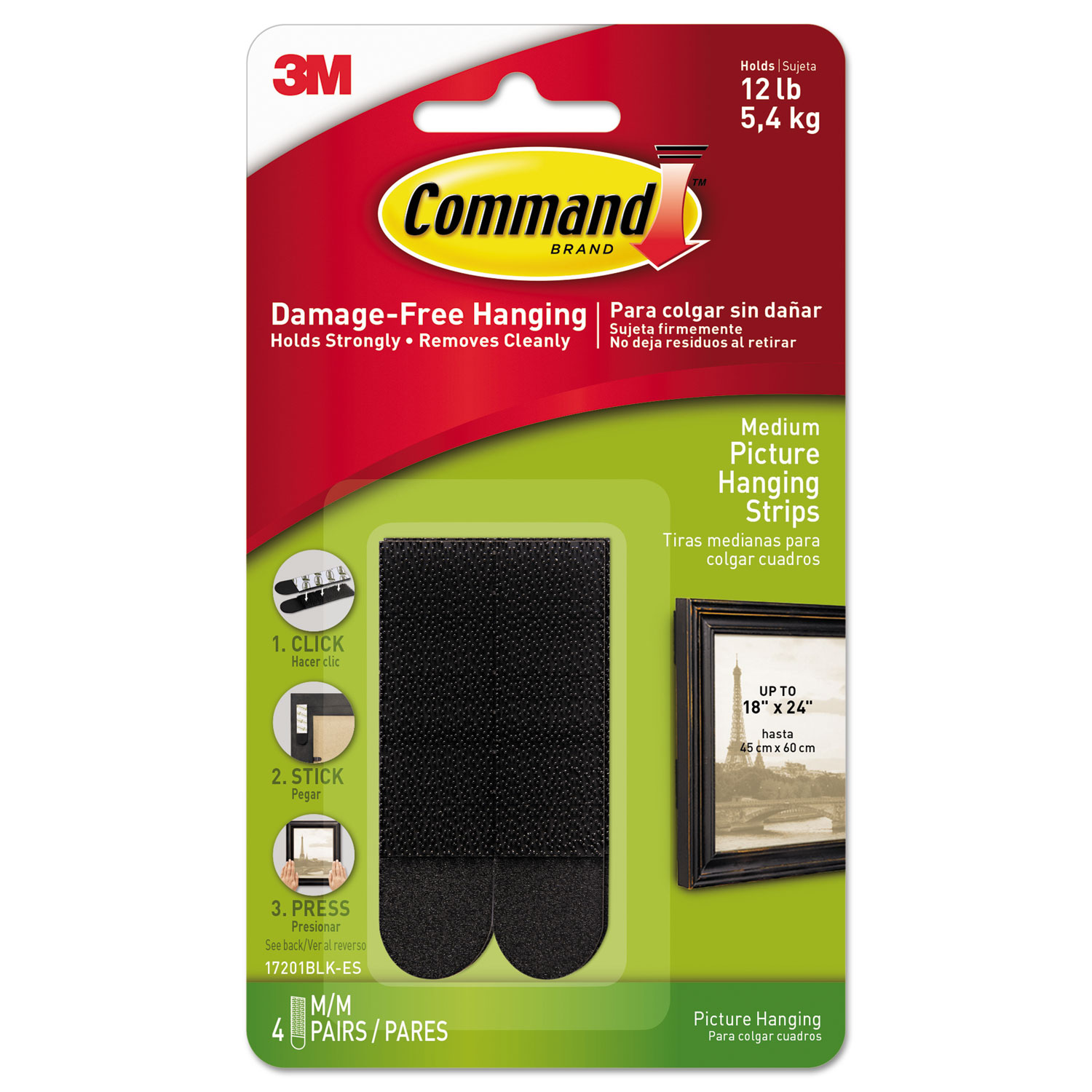  Command 17201BLK-ES Picture Hanging Strips, Removable, 0.75 x 2.75, Black, 4 Pairs/Pack (MMM17201BLKES) 