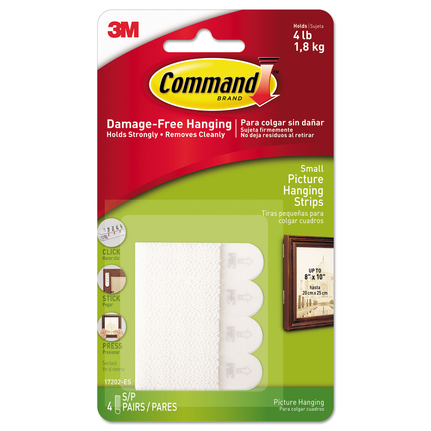  Command 17202ES Picture Hanging Strips, Removable, 0.63 x 2.13, White, 4 Pairs/Pack (MMM17202ES) 