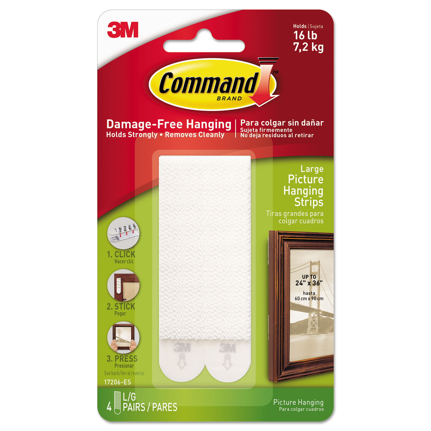  Command 17206-ES Picture Hanging Strips, Removable, 0.5 x 3.63, White, 4 Pairs/Pack (MMM17206ES) 