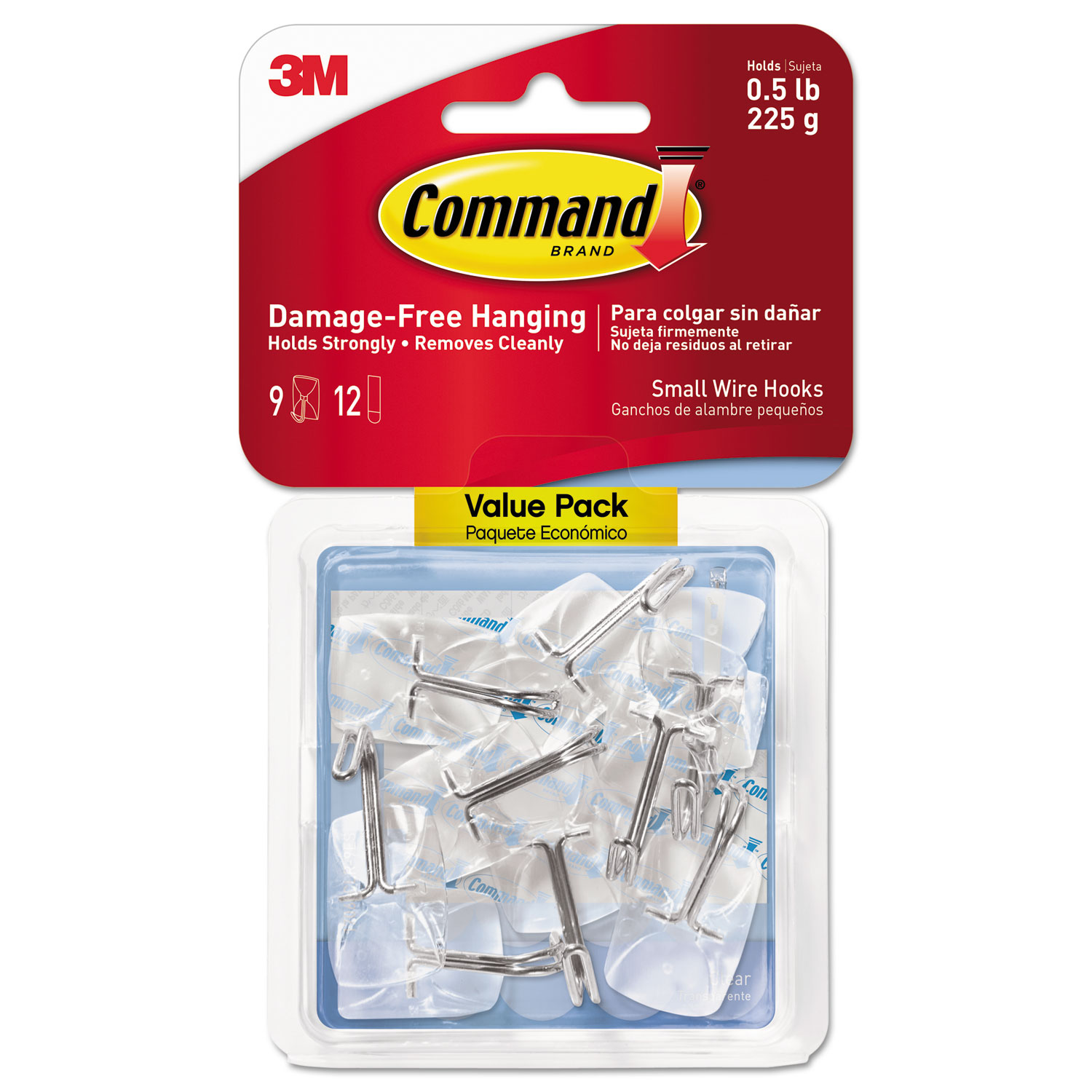  Command 17067CLR-9ES Clear Hooks & Strips, Plastic/Wire, Small, 9 Hooks w/12 Adhesive Strips per Pack (MMM17067CLR9ES) 