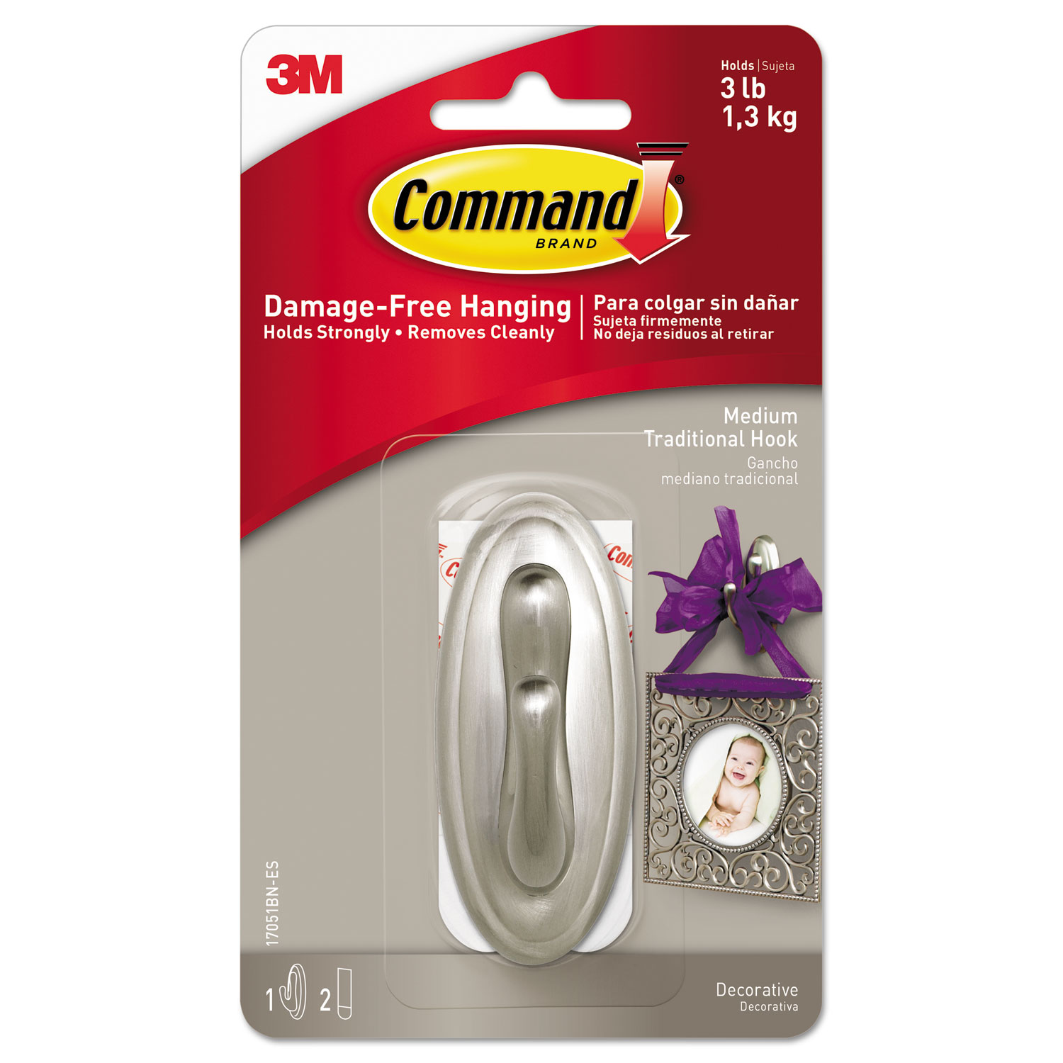  Command 17051BN-ES Decorative Hooks, Traditional, Medium, 1 Hook & 2 Strips/Pack (MMM17051BNES) 