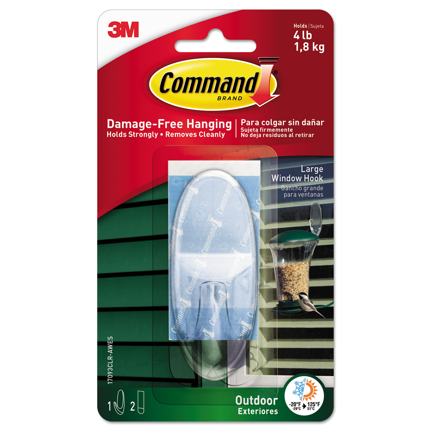 Command 17093CLR-AWES All Weather Hooks and Strips, Plastic, Large, 1 Hooks & 2 Strips/Pack (MMM17093CLRAWES) 