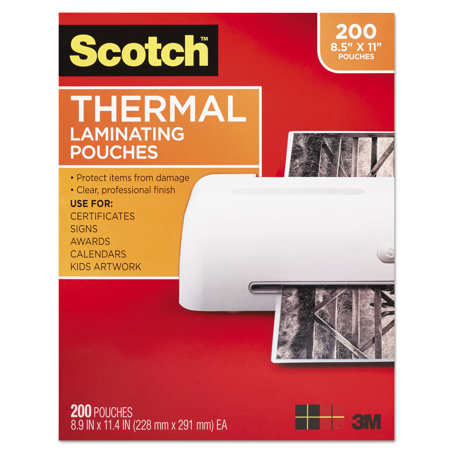  Scotch TP3854-200 Laminating Pouches, 3 mil, 9 x 11.5, Gloss Clear, 200/Pack (MMMTP3854200) 