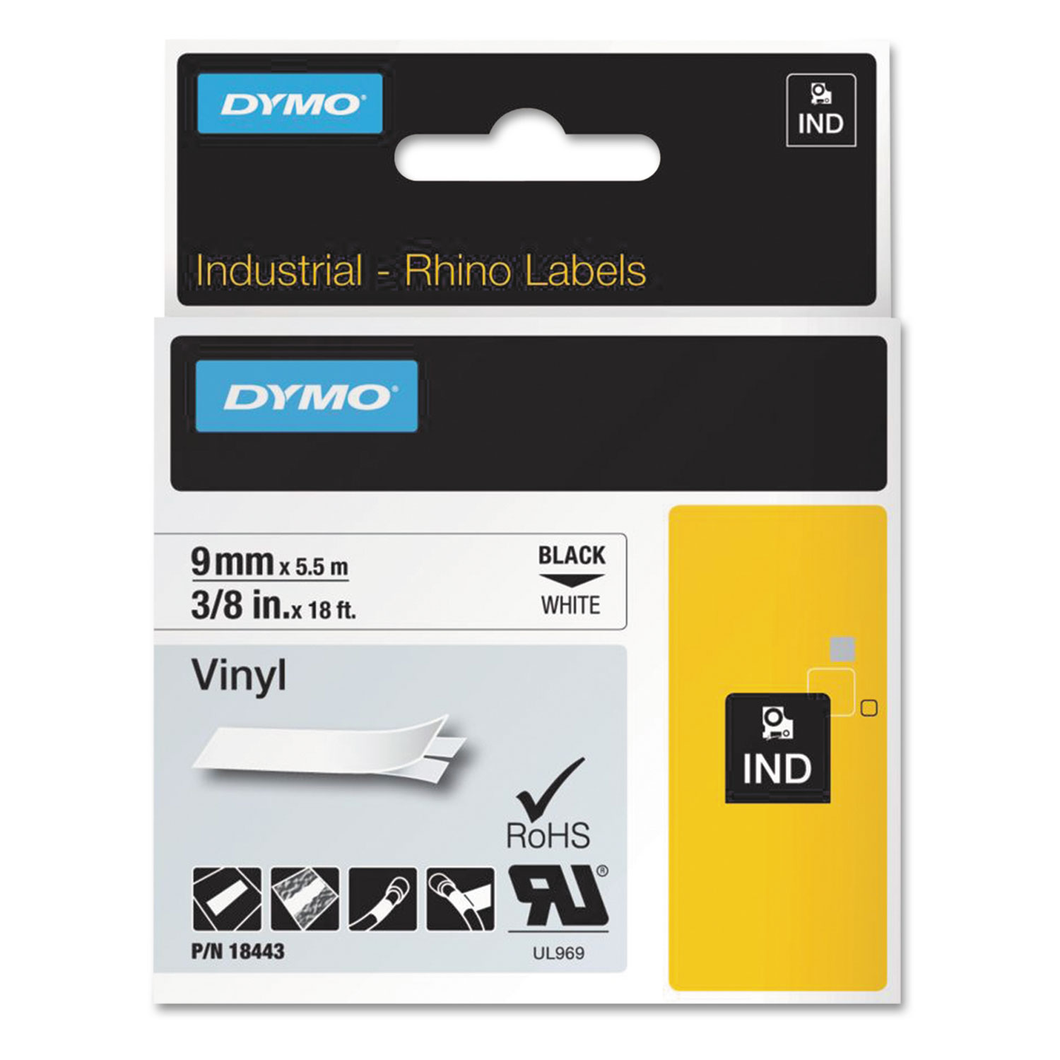  DYMO 18443 Rhino Permanent Vinyl Industrial Label Tape, 0.37 x 18 ft, White/Black Print (DYM18443) 