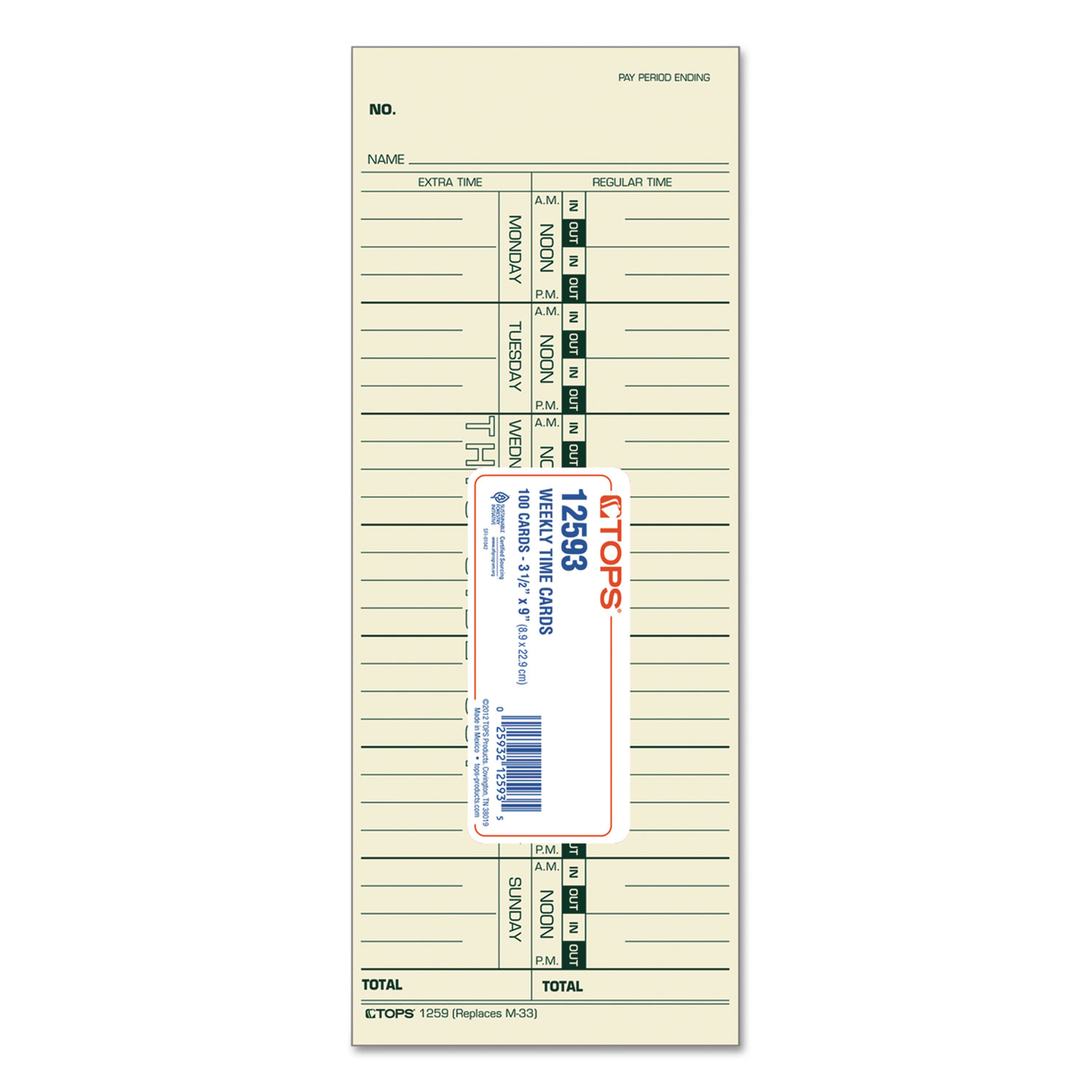 Time Card for Acroprint/IBM/Lathem/Simplex, Weekly, 3 1/2 x 9, 100/Pack