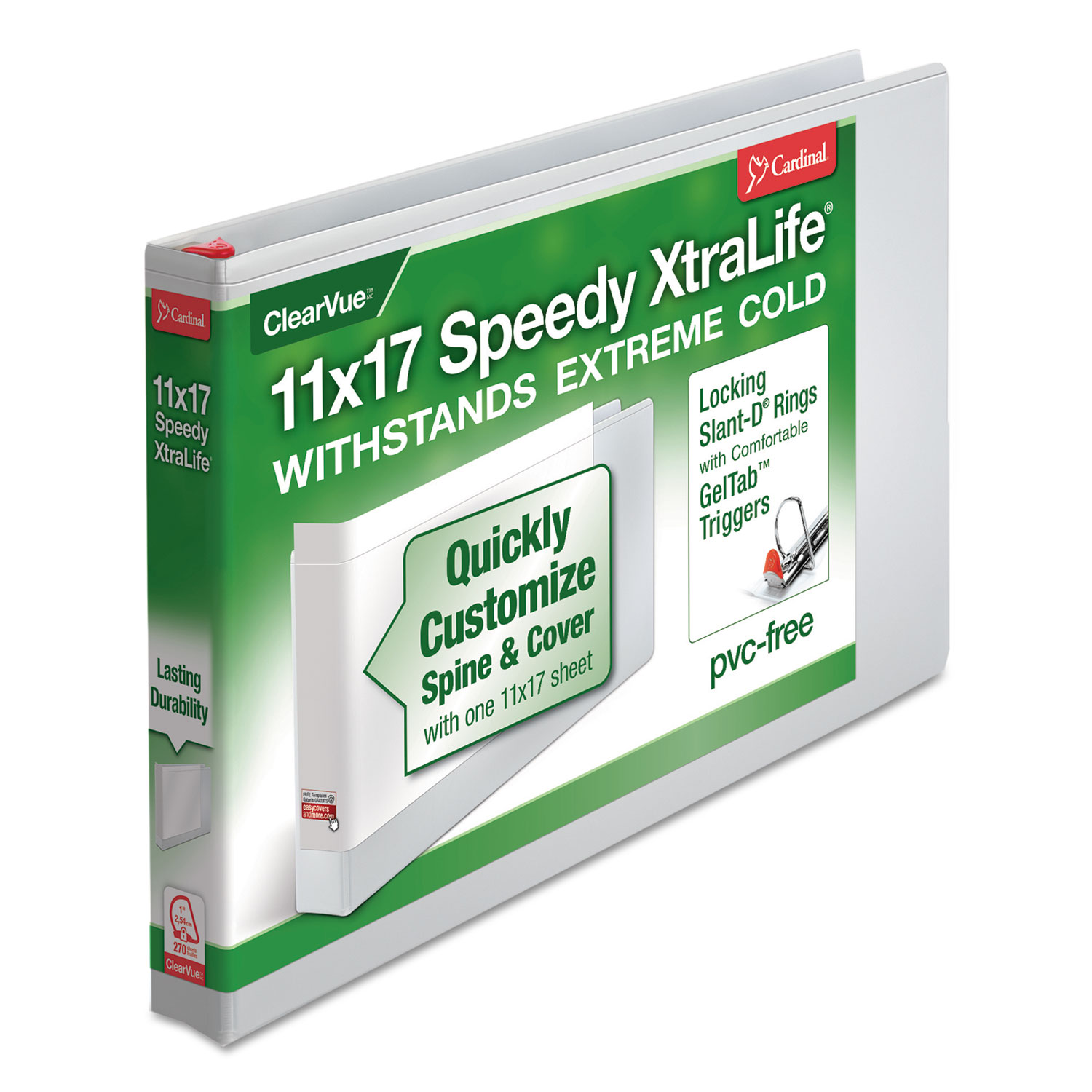 Cardinal® Speedy XtraLife Non-Stick Locking Slant-D Ring Binder, 3 Rings, 1 Capacity, 11 x 17, White