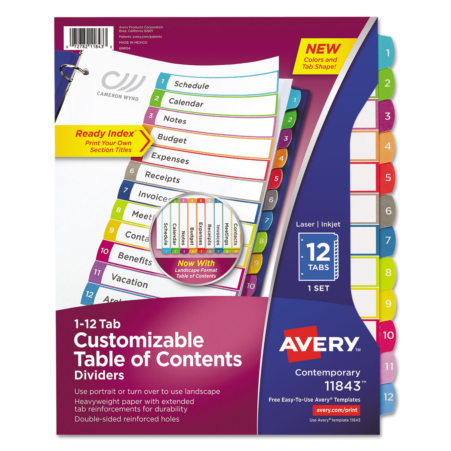  Avery 11843 Customizable TOC Ready Index Multicolor Dividers, 1-12, Letter (AVE11843) 