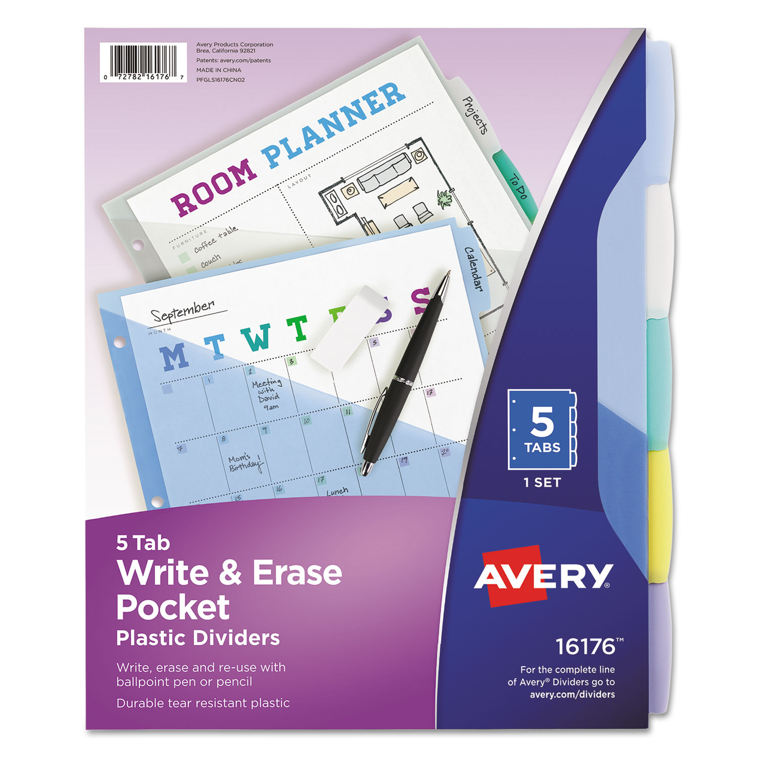 Write and Erase Durable Plastic Dividers with Pocket, 3-Hold Punched, 5-Tab, 11.13 x 9.25, Assorted, 1 Set